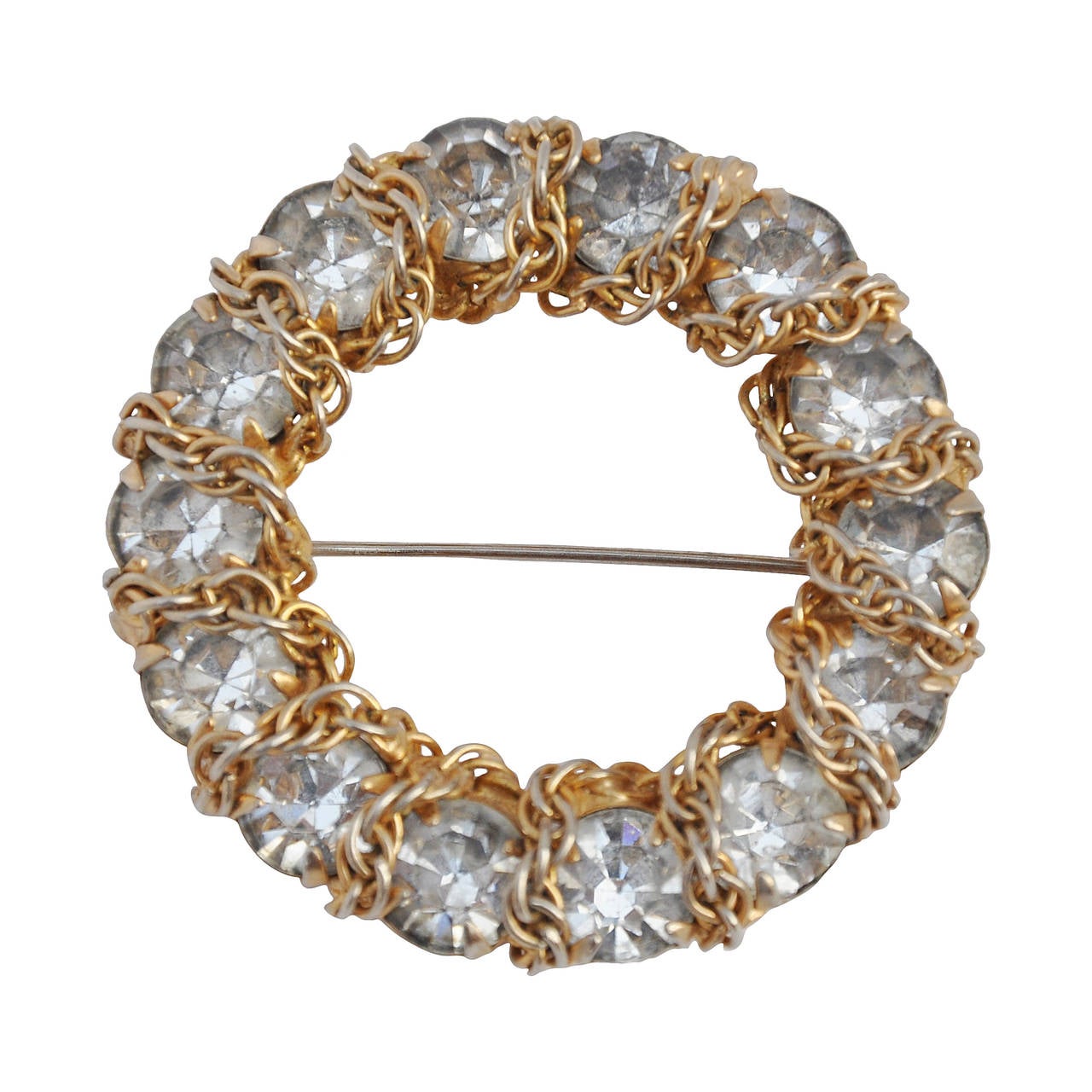 Bold Gilded Gold "Chain-Link" with Rhinestone Brooch For Sale