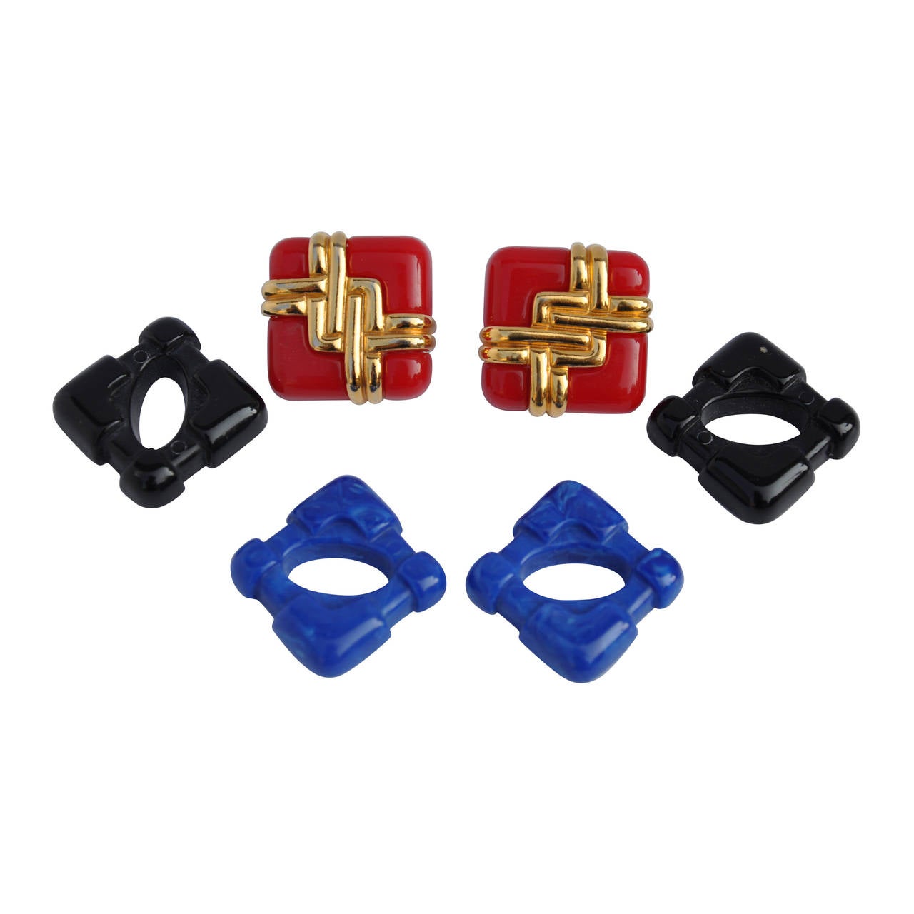 Interchangeable "Set of Three" Red, Black and Blue with Gilded Gold Earrings For Sale