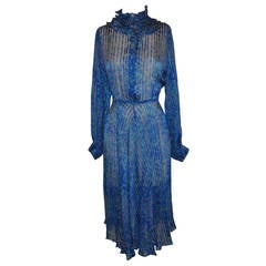 Shades of Blues Silk & Silk Chiffon Stripes & Ruffles Dress