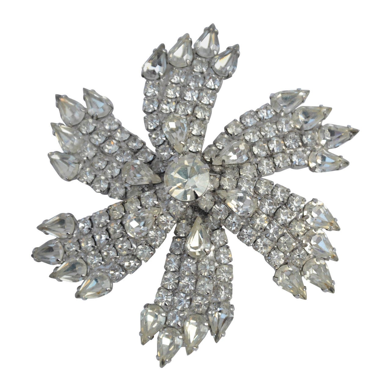 Magnificent Huge Silver with Multi-Size Rhinestones "Starburst" Brooch For Sale