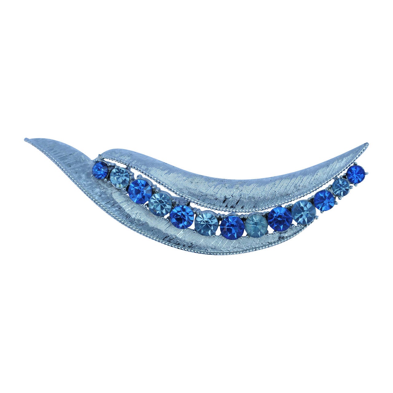 Coro Gilded Silver "Leaf" Brooch with Multi-Blue Crystals For Sale