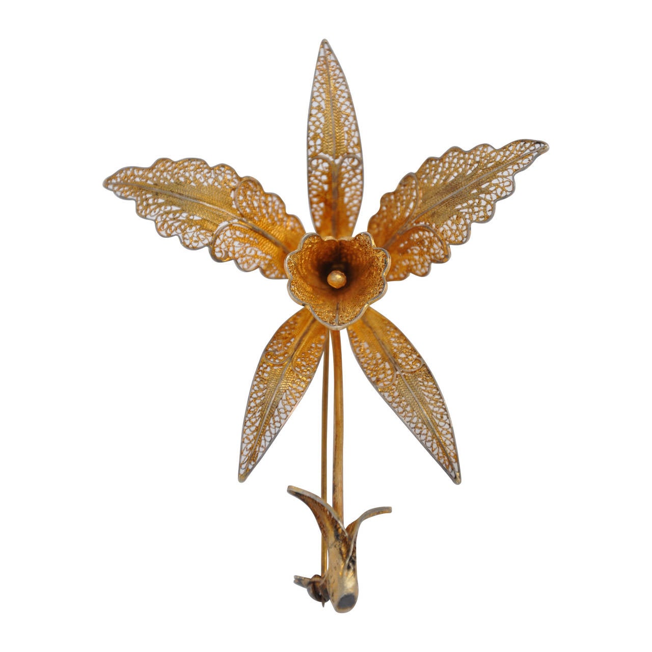 Huge Gilded Gold Filigree Detailing "Orchid" Brooch For Sale