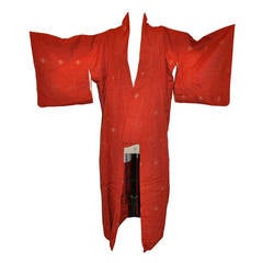 Fully Lined Red Japanese Kimono with Accents of Multi-color Silk Threads