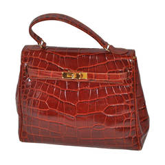 SISO Golden Brown Croc-Embossed Calfskin "Kelly" Style Handbag