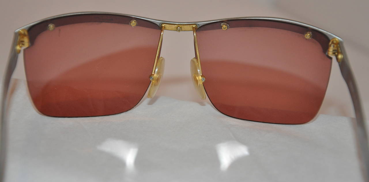 Women's or Men's Robert La Roche Brushed Silver with Gold Metal Studs Sunglasses For Sale