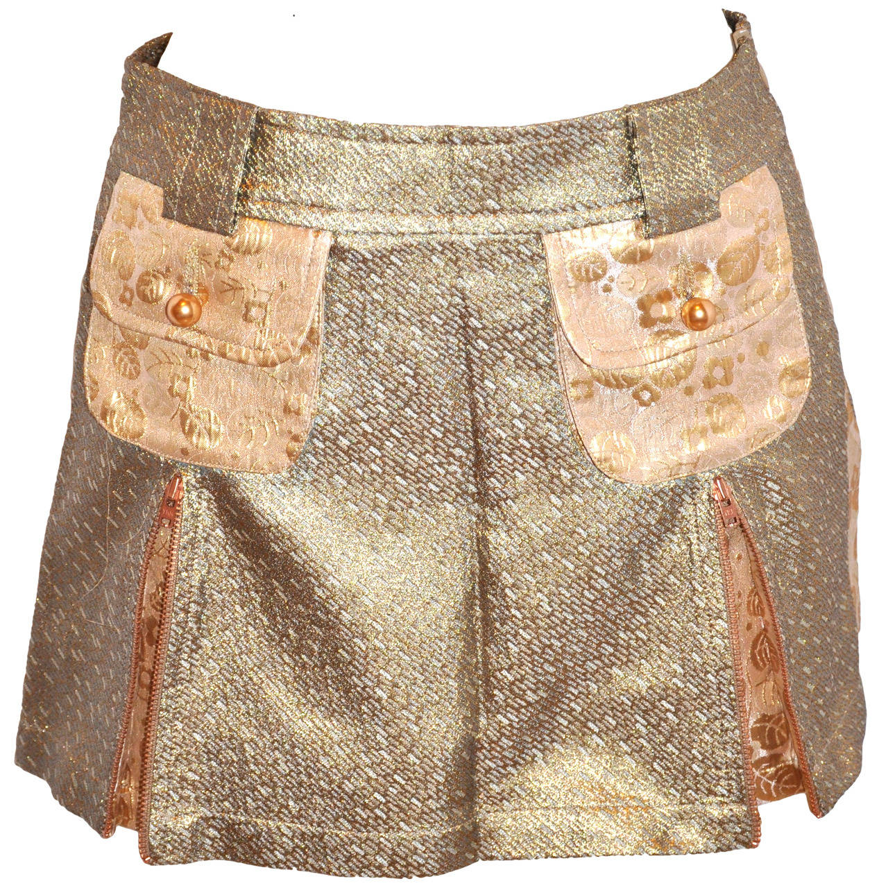 Custo Multi-Print Brocade Gold Lame  Skirt with Tags For Sale