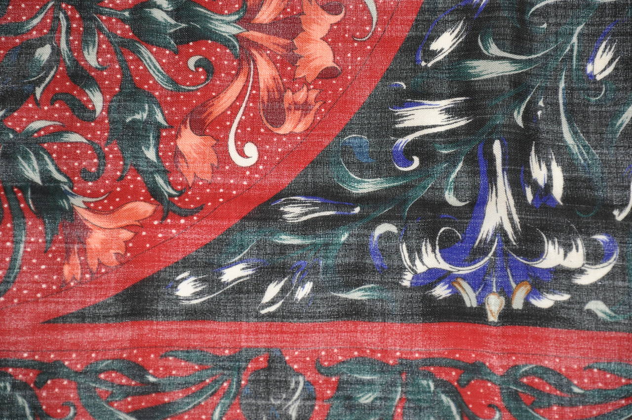 Perry Ellis Multi-Color Floral Burgundy Wool Challis Scarf