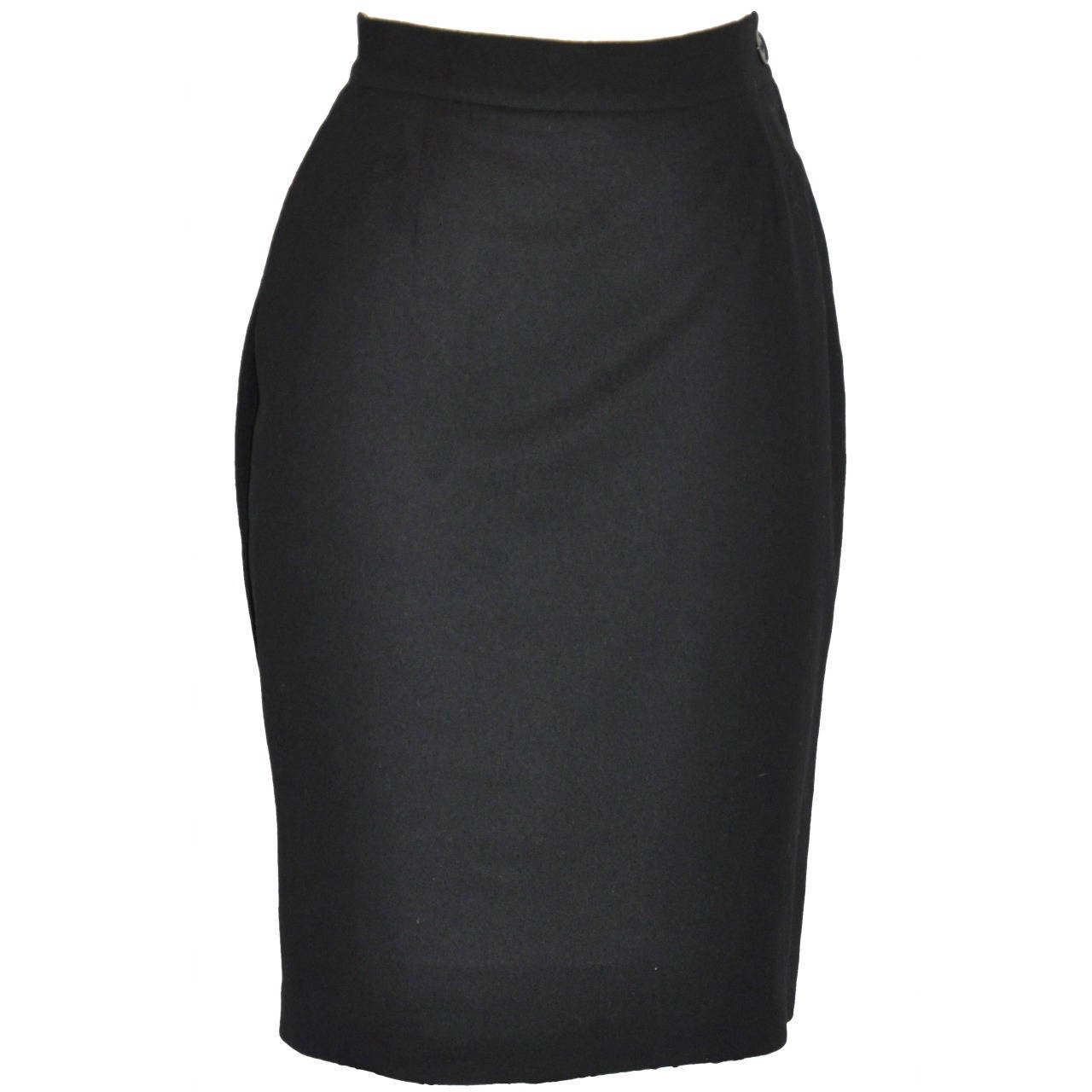 Gianfranco Ferre Black Brushed Wool with "Swirl" Open-Pleat Detail Pencil Skirt For Sale