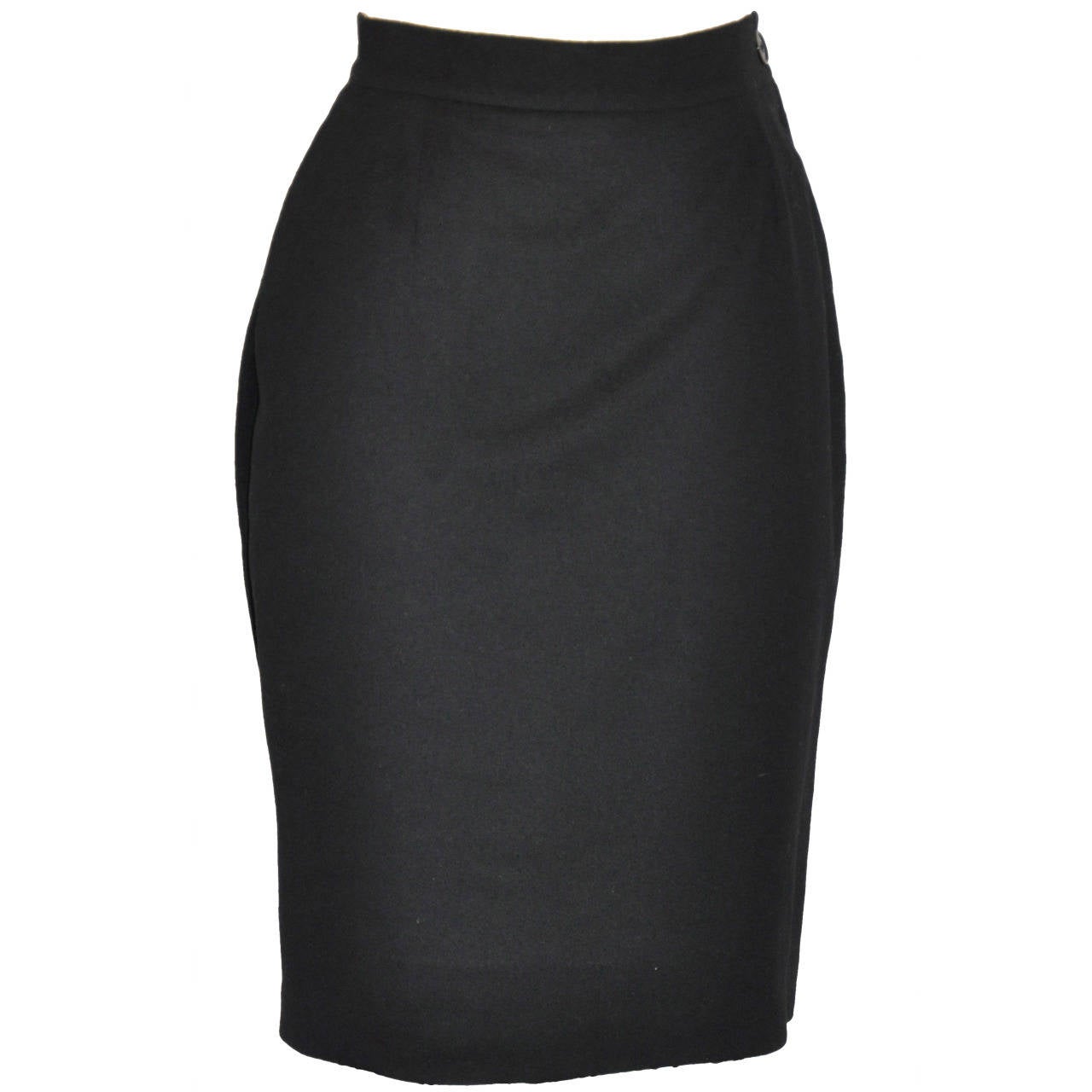 Gianfranco Ferre Black Brushed Wool with "Swirl" Open-Pleat Detail Pencil Skirt For Sale