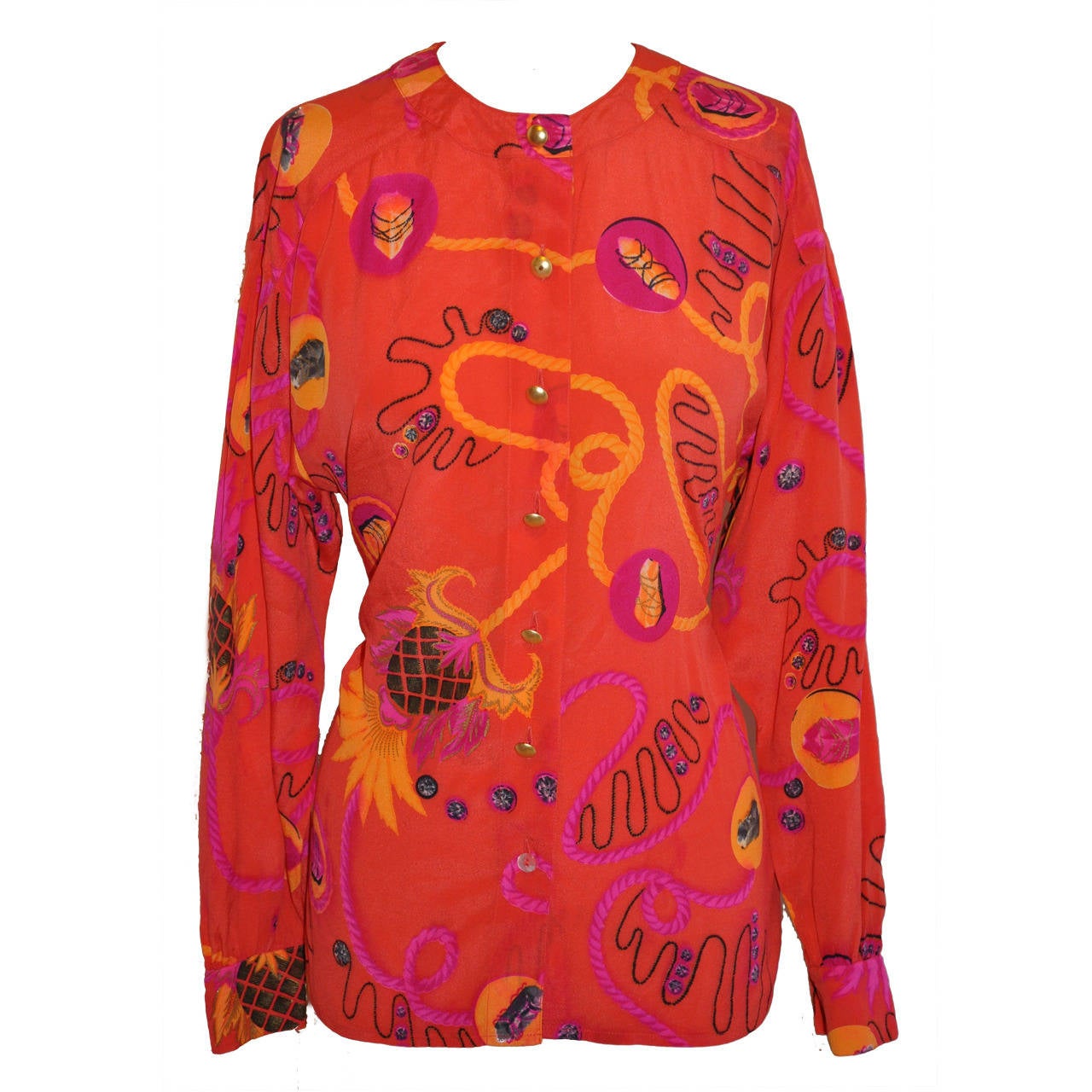Escada by Margaretha Ley Escada in tangerino con blusa in crepe de chine multicolore in vendita