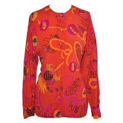 Escada by Margaretha Ley Bold Tangerine with Multi-color Crepe de Chine Blouse