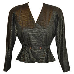 Halston Black with Metallic Gold Polka Dot Silk Evening Jacket 8