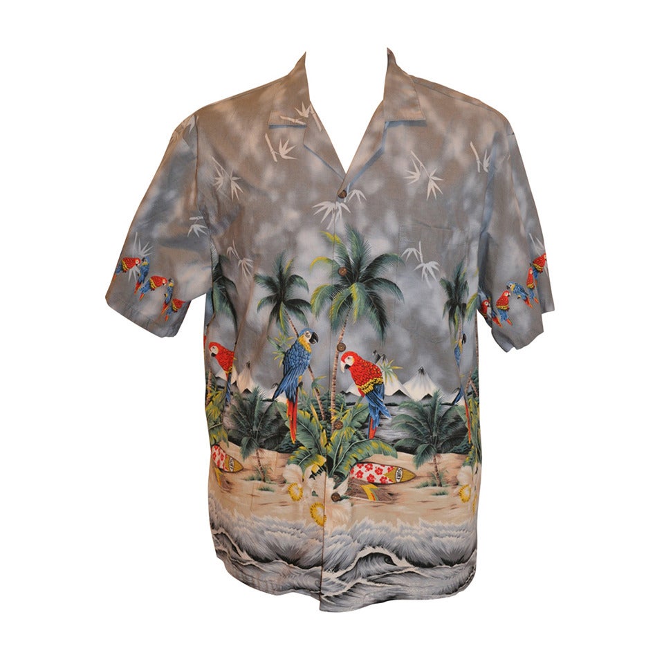 KY's Men's Hawaiian Gray "Surf Boards & Parrots" Shirt