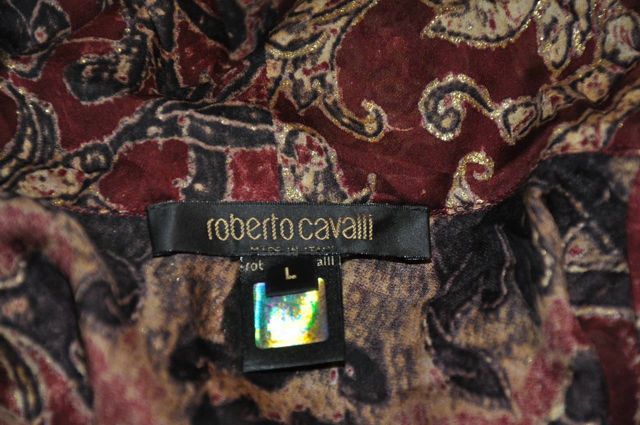 Roberto Cavalli Multi-Color with Gold Lame Silk Chiffon Fringe-Collar Tie In Excellent Condition In New York, NY