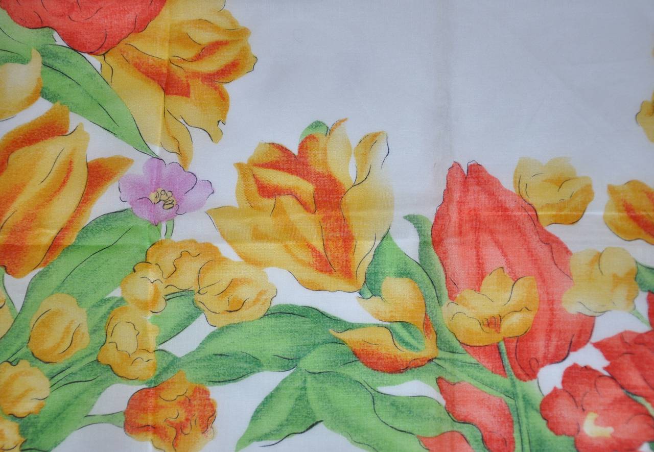 Hanae Mori 100% Switerland cotton floral handkerchief measures 16" x 16".