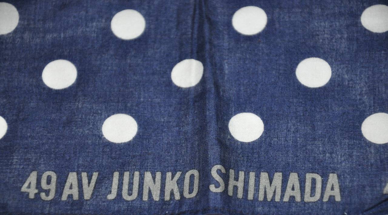 Junko Shimado 100% Switerland cotton handkerchief in dark navy with white polka dot measures 16