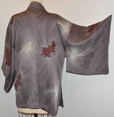 Japanese Charcoal Gray Silk "Starburst & Foo-Dogs" Kimono