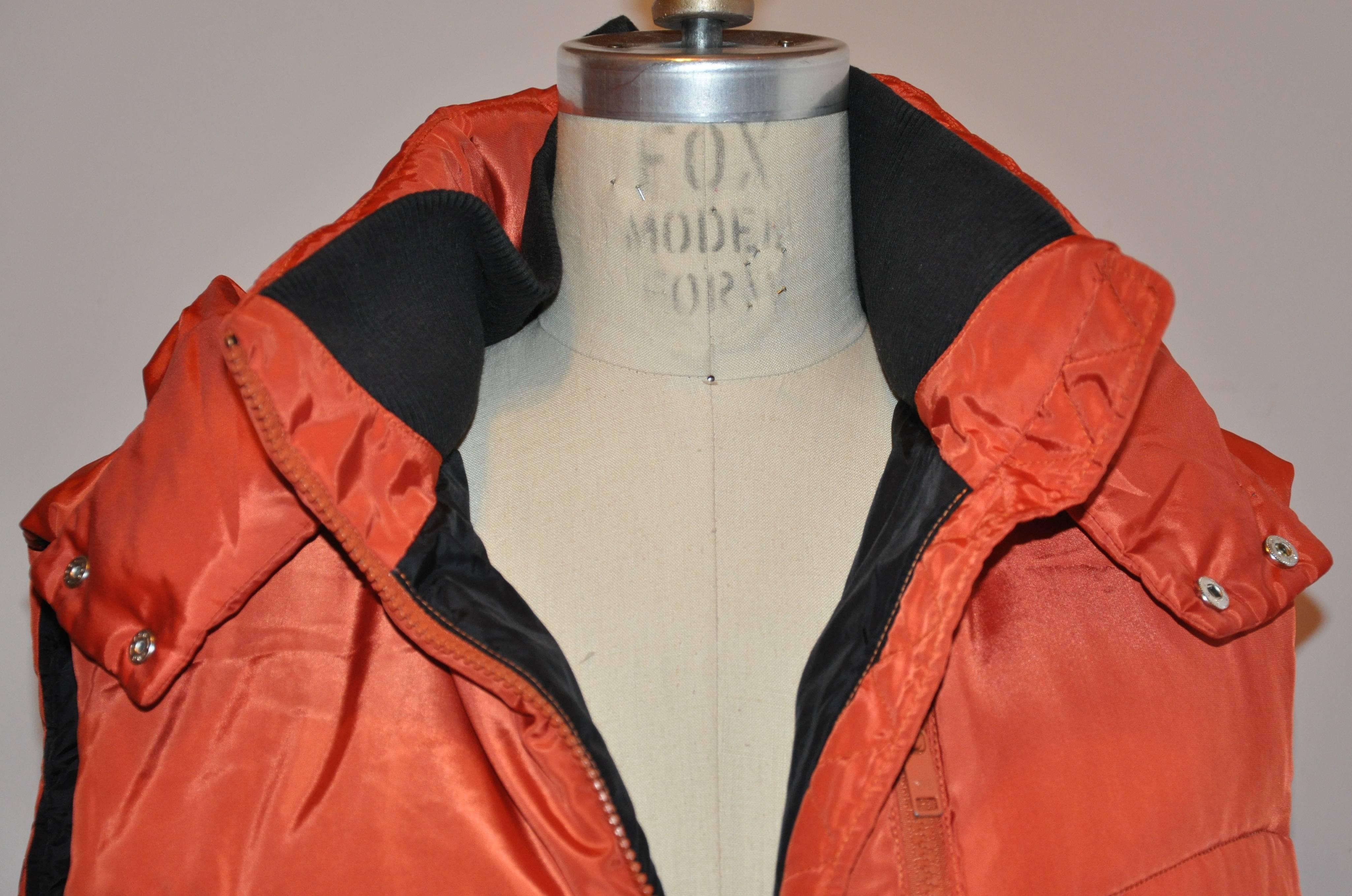 Y-3 Adidas Yoshji Yamamoto Bold Tangerine Down-Filled Men's Hooded Vest In Good Condition For Sale In New York, NY