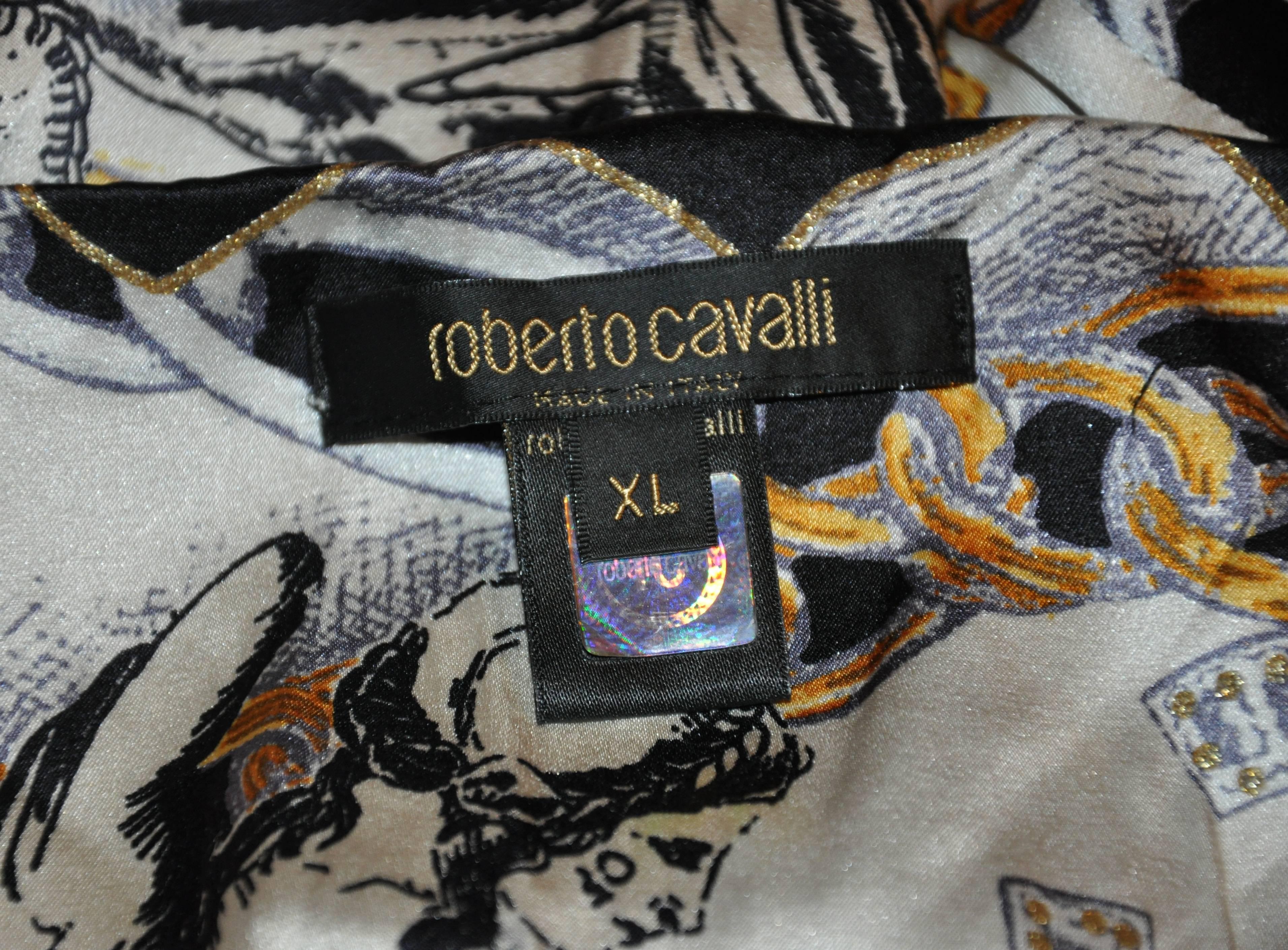 Roberto Cavalli Multi-Print Silk Accented with Drawstring Top In Good Condition For Sale In New York, NY