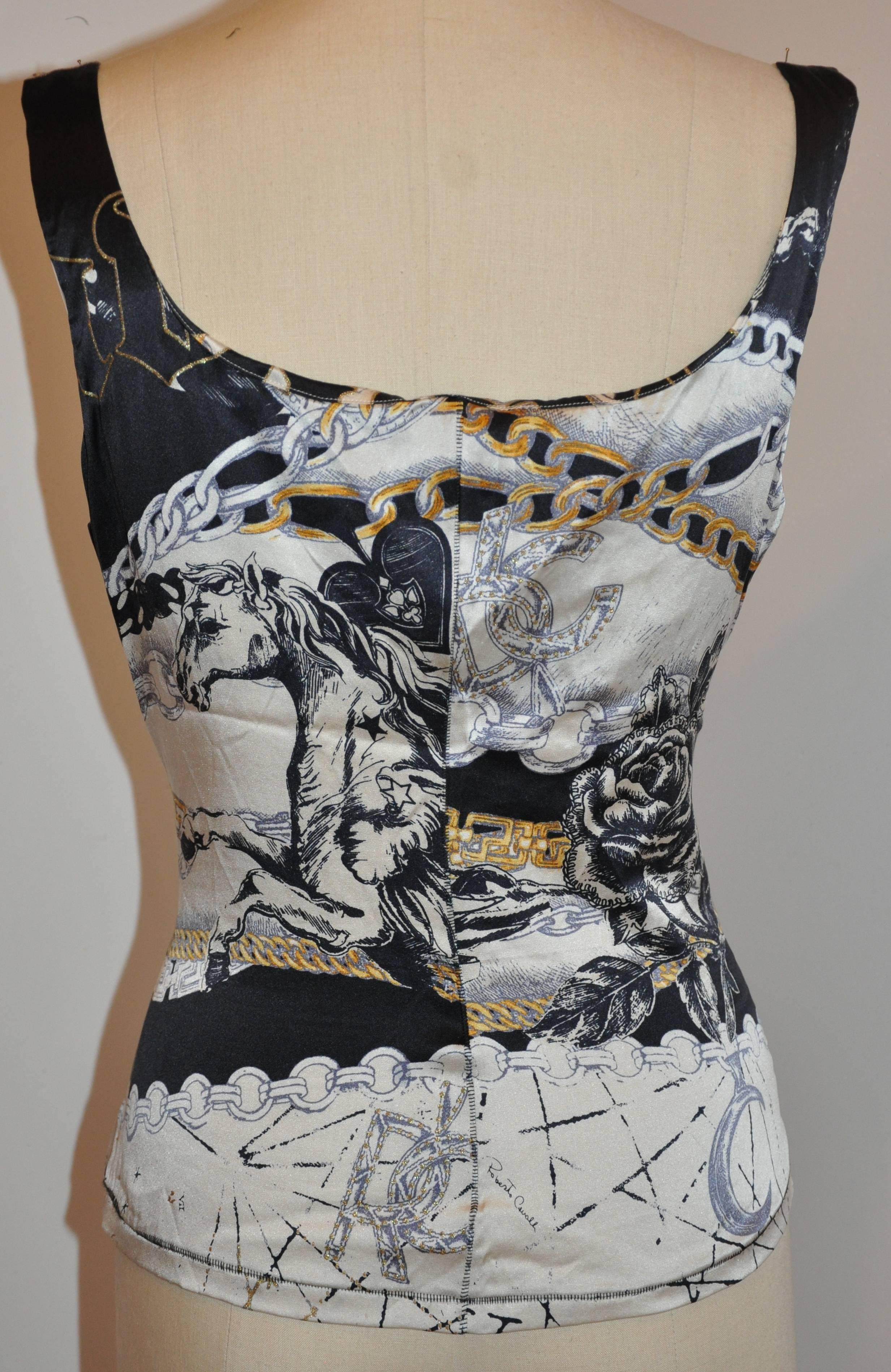         Roberto Cavalli's wonderful whimsical multi-print accented with a drawstring tie-front of gold lame has his signature within the print on both front and back. The top's material is of silk blended with Lycra to create a body-hugging fit
