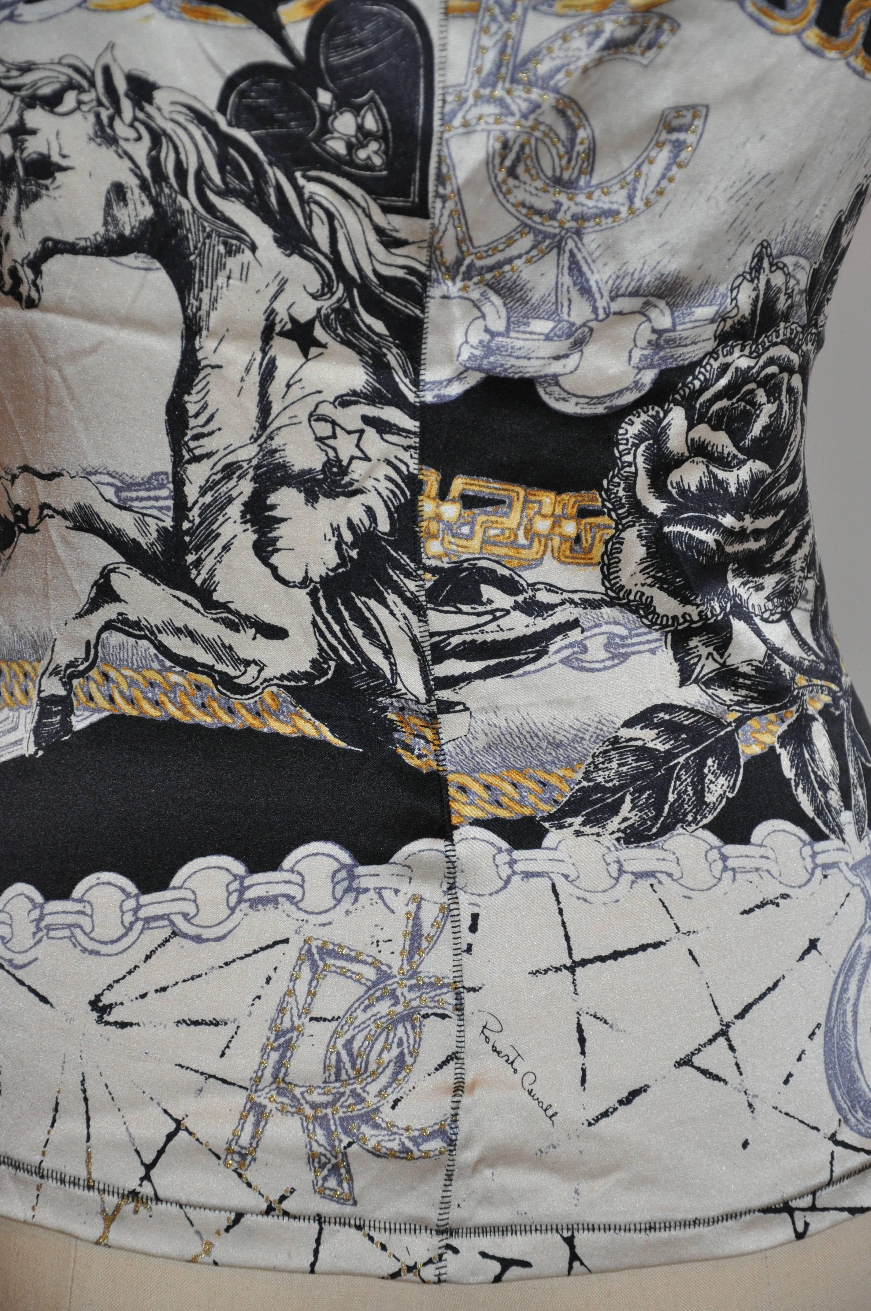 Gray Roberto Cavalli Multi-Print Silk Accented with Drawstring Top For Sale