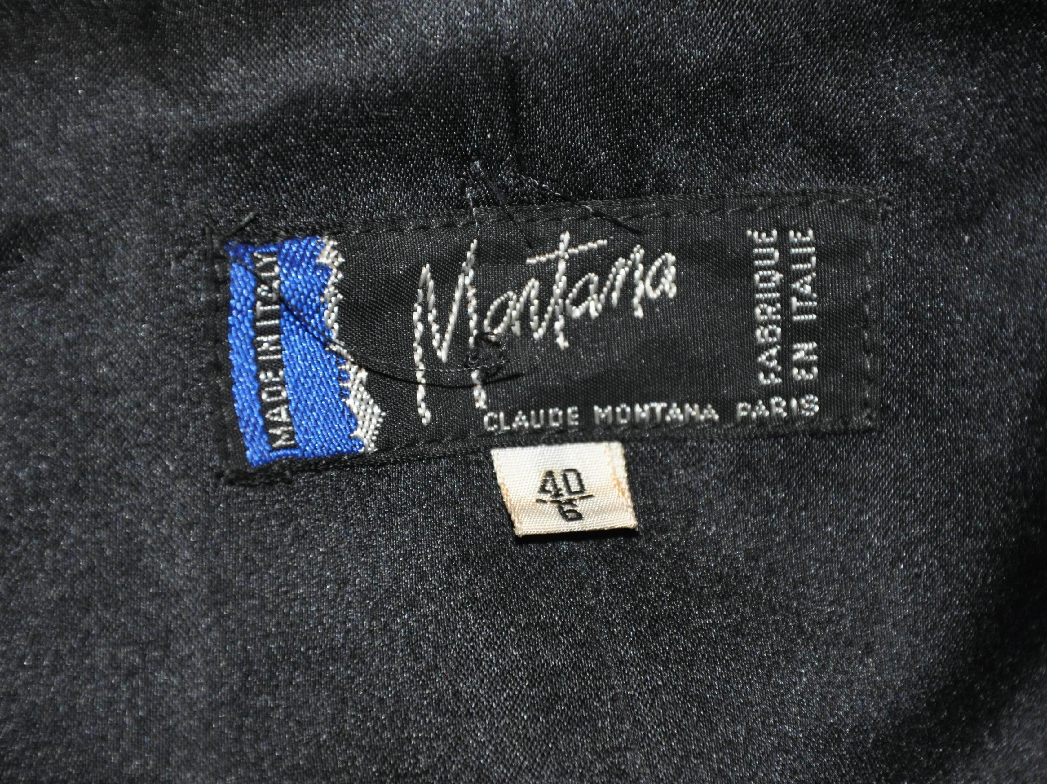 Claude Montana Signature Schwarze Jacke aus Seidensatin mit Formbesatz akzentuiert Damen im Angebot
