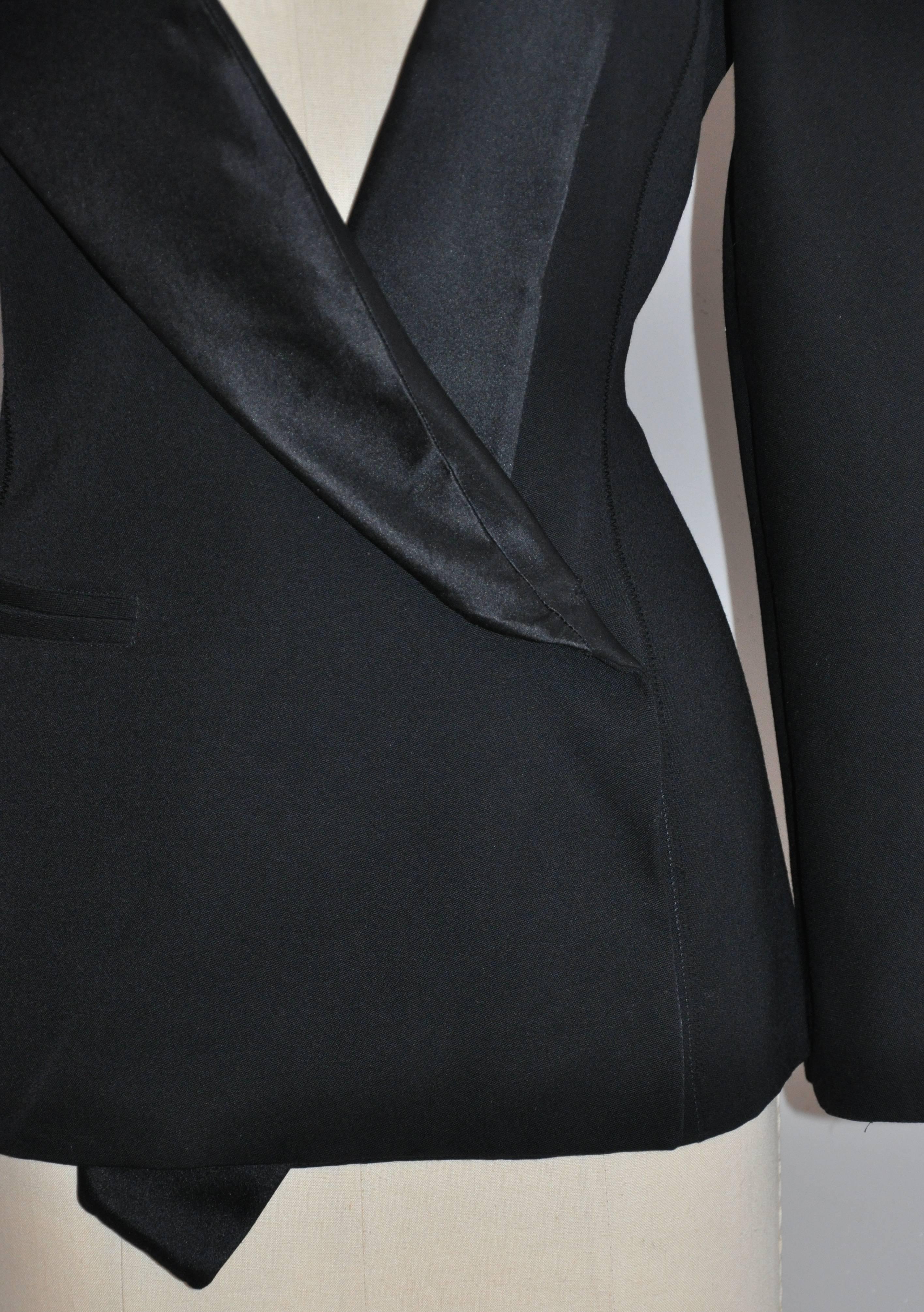 Women's Claude Montana Signature Form-Fitting Black Accented with Silk Satin Jacket For Sale