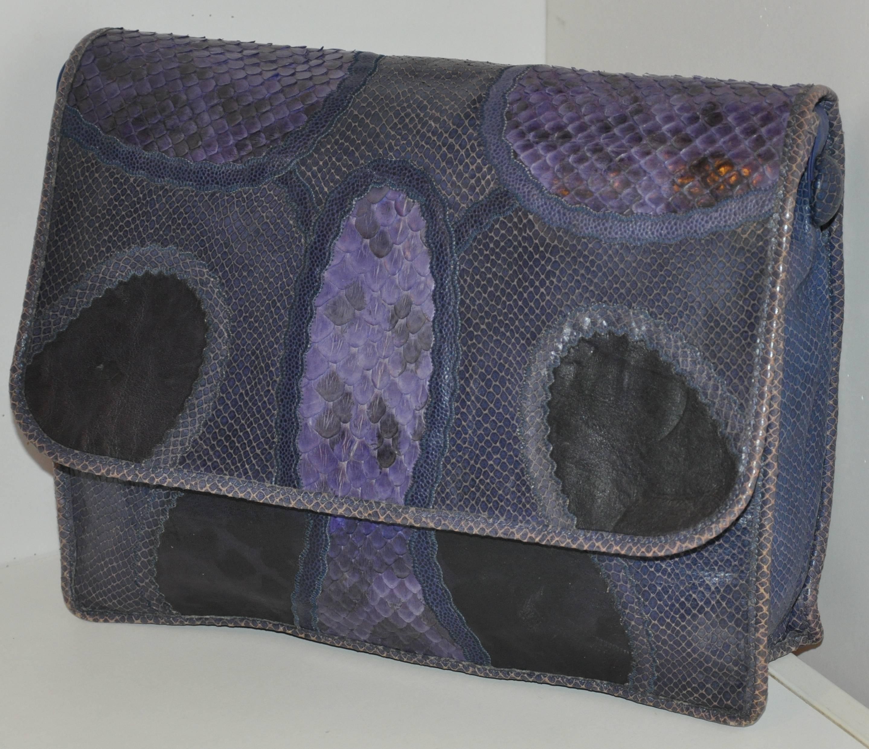         This wonderfully rare Carlos Falchi large shoulder bag with the option to wear use as a clutch is combined with multi-skins of snakeskin, lizard skin and pylon skins as well as textured calfskin. This wonderful shoulder bag in in