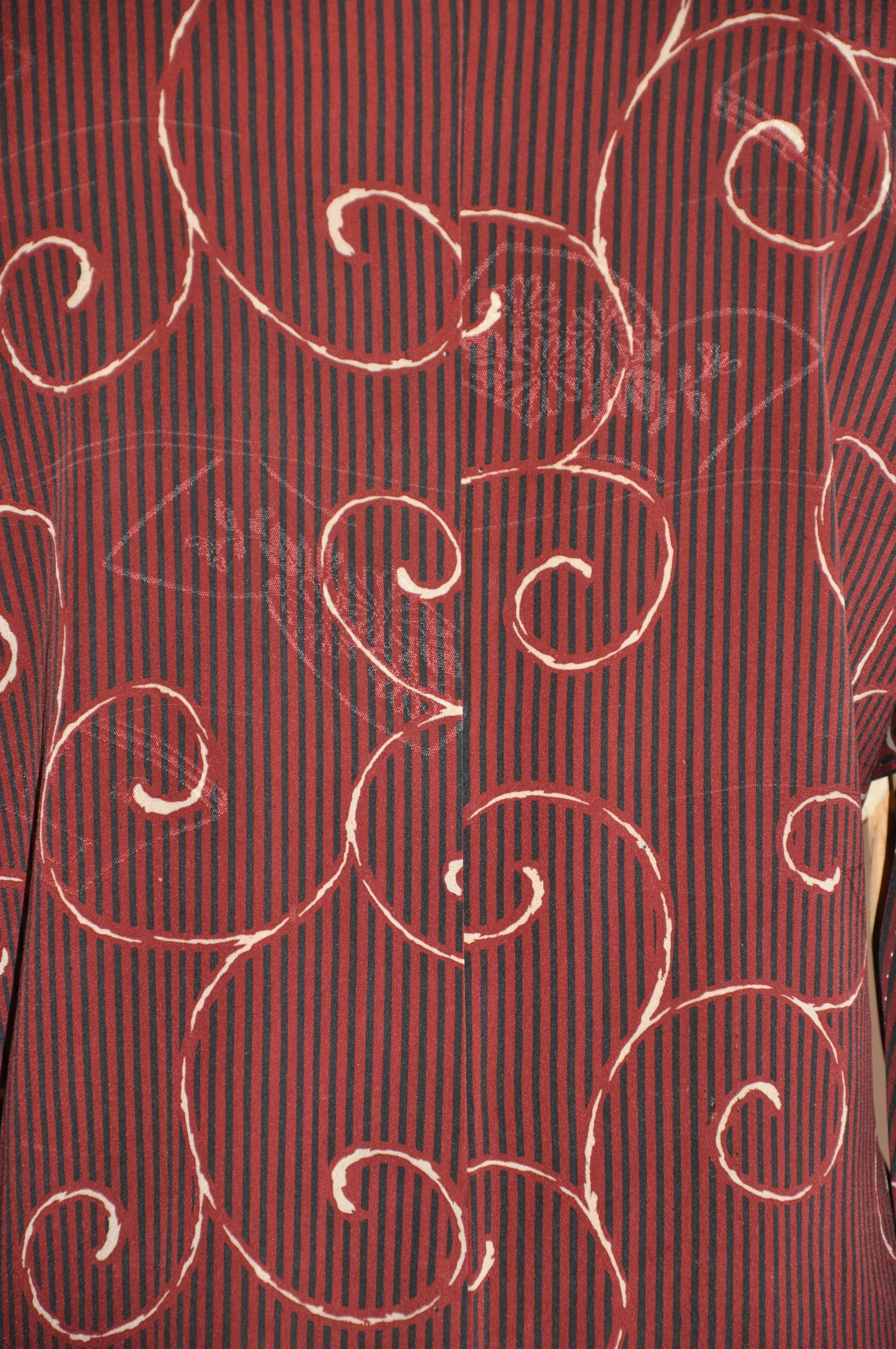 Black Japanese Burgundy with Swirls & Stripe Silk Kimono For Sale