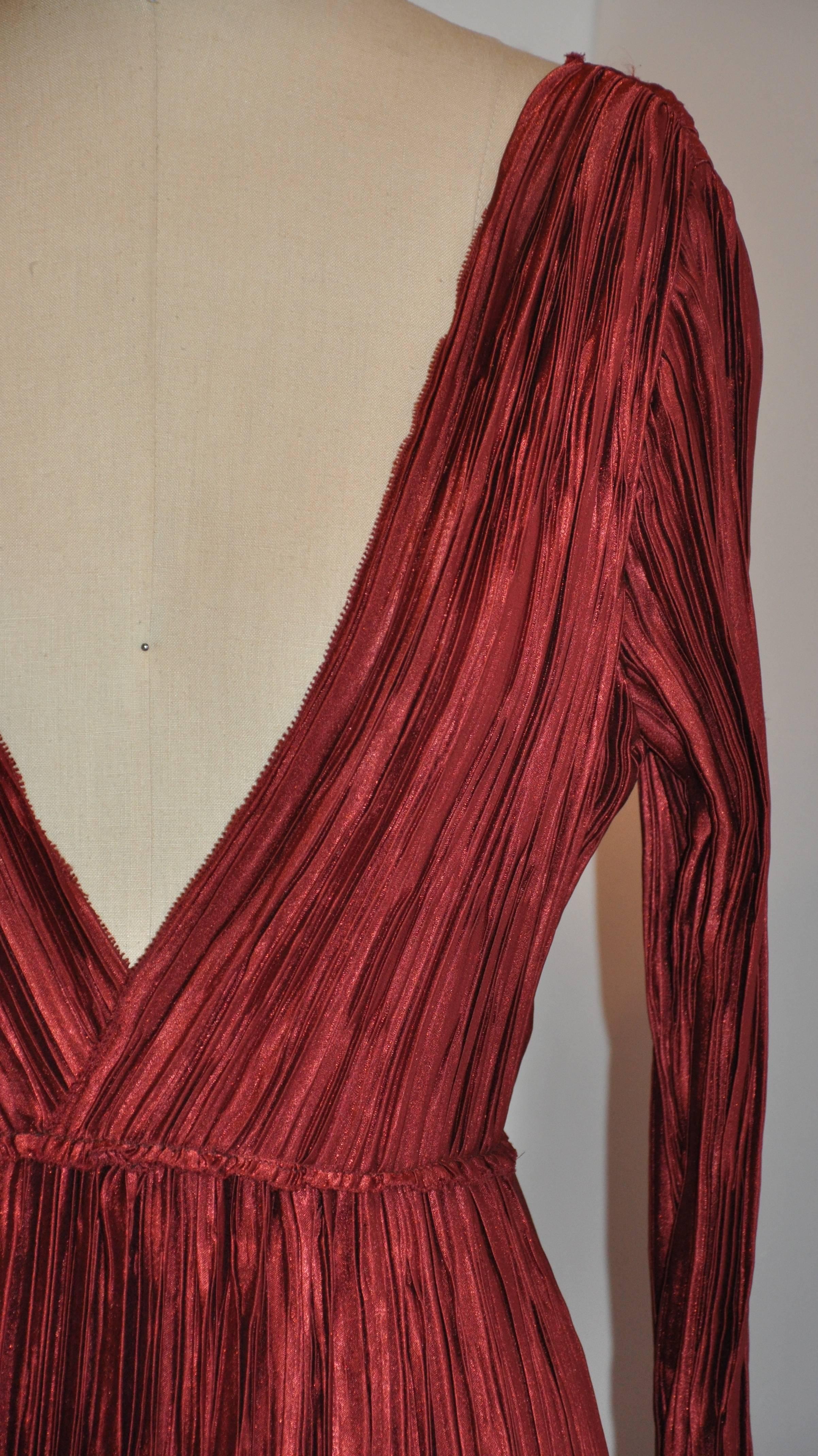 Brown Mary McFadden Signature Burgundy Pleated Body-Hugging Gown For Sale