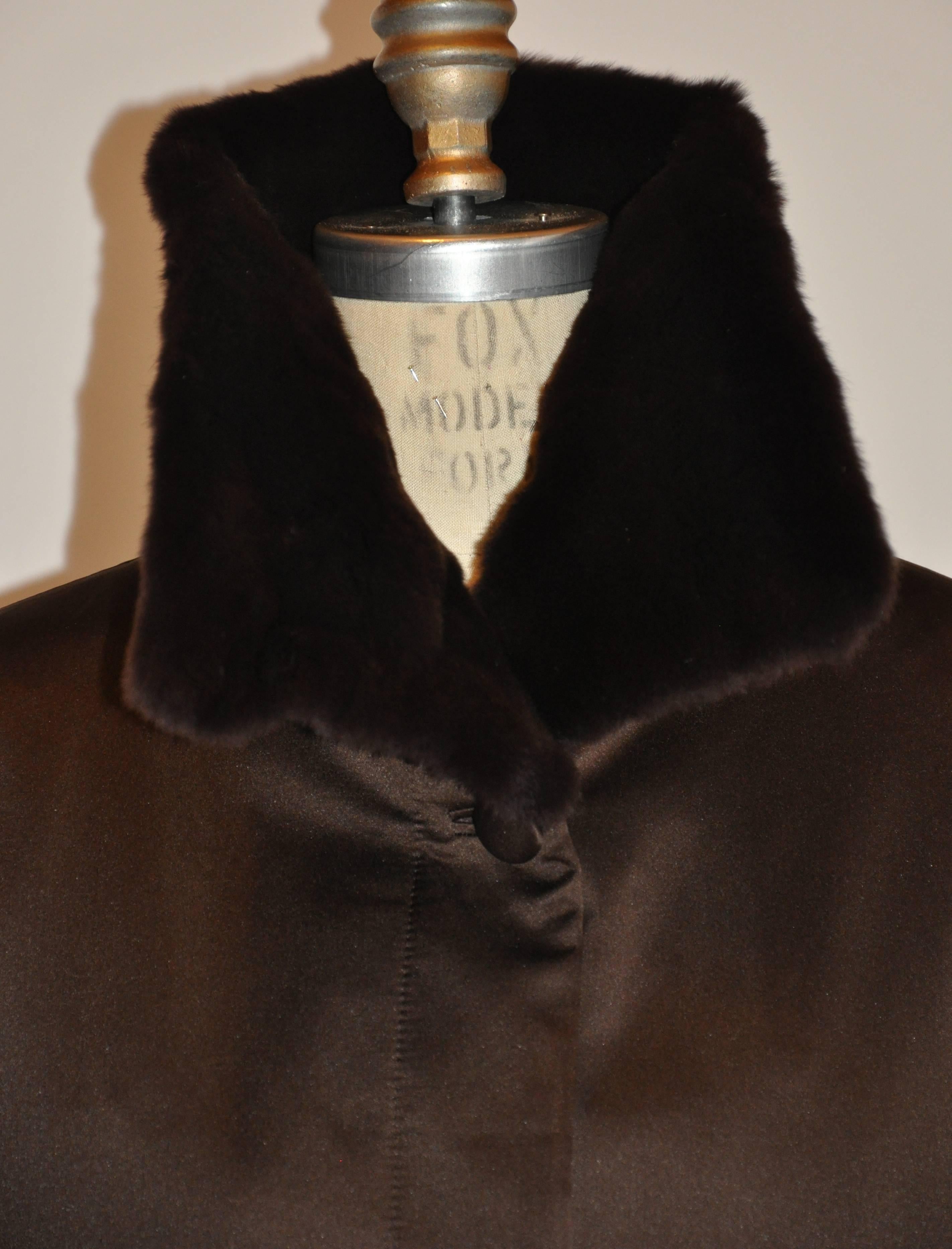 Black Lowenthal Coco Brown Silk Satin with Female-Skin Sheared Mink Evening Coat