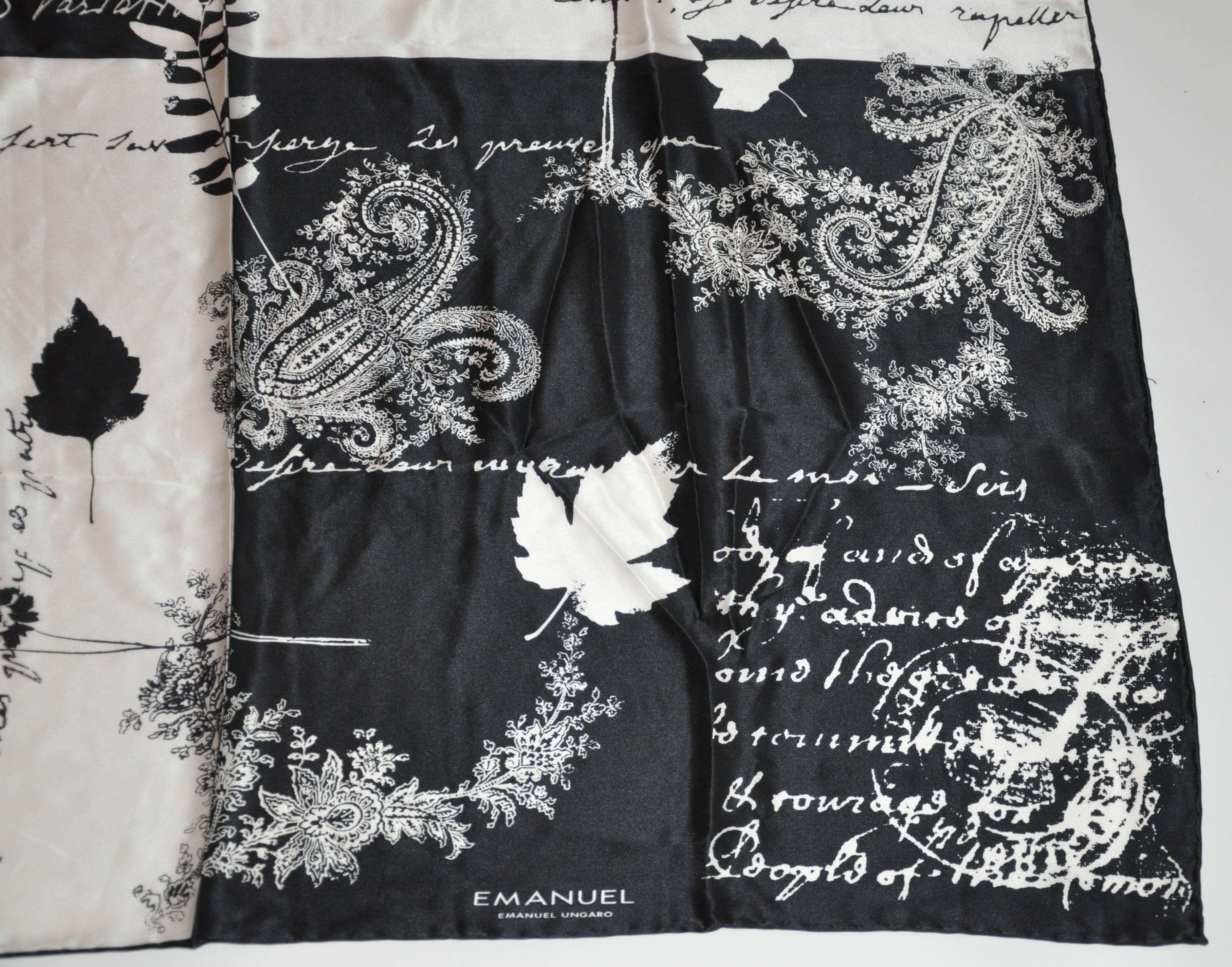         Emanuel Ungaro wonderful black & white silk scarf is filled with wonderful writings of positive feelings and measures 34