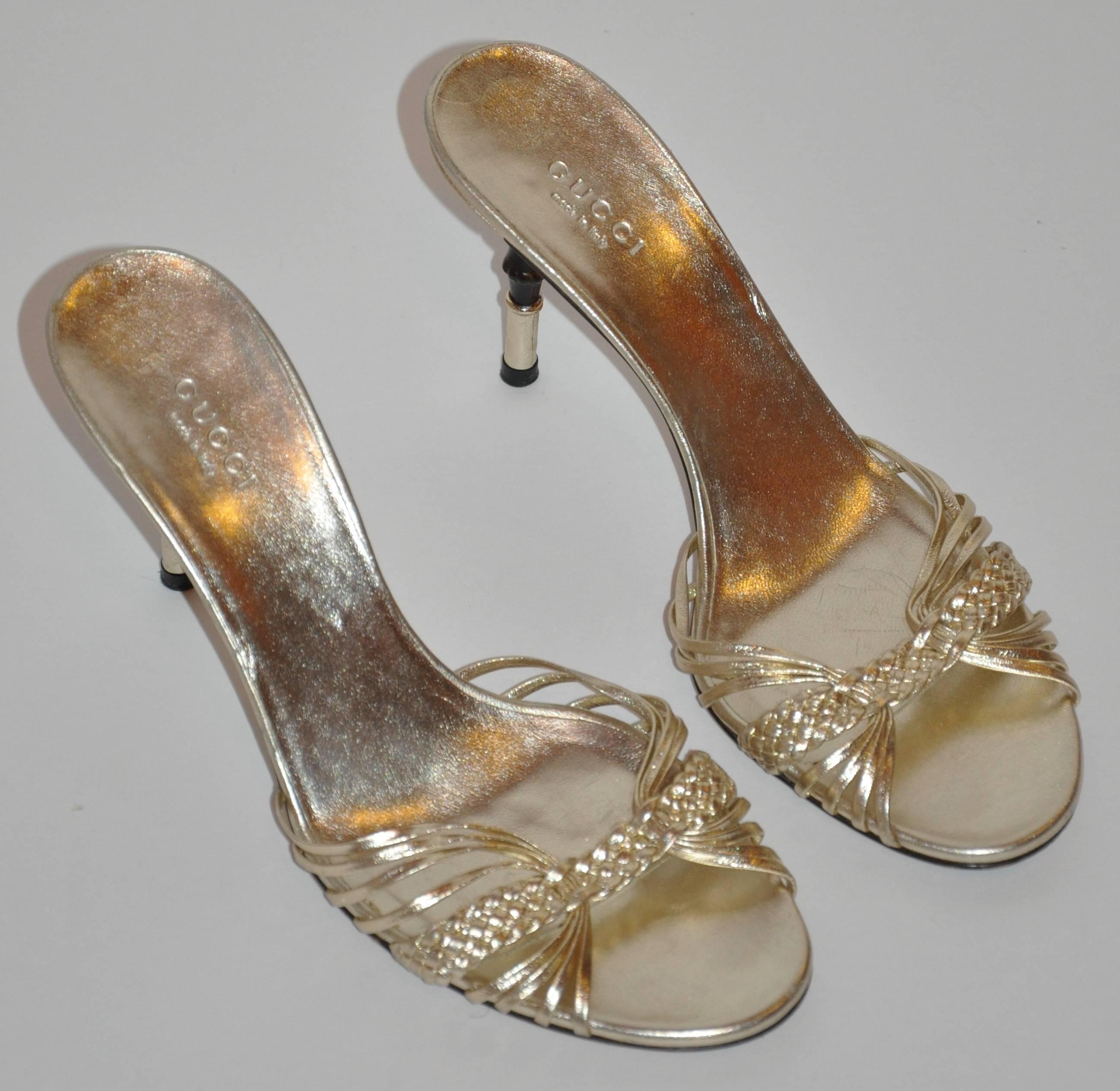        Gucci's wonderfully elegant and sexy metallic gold lambskin sandal with accented with 