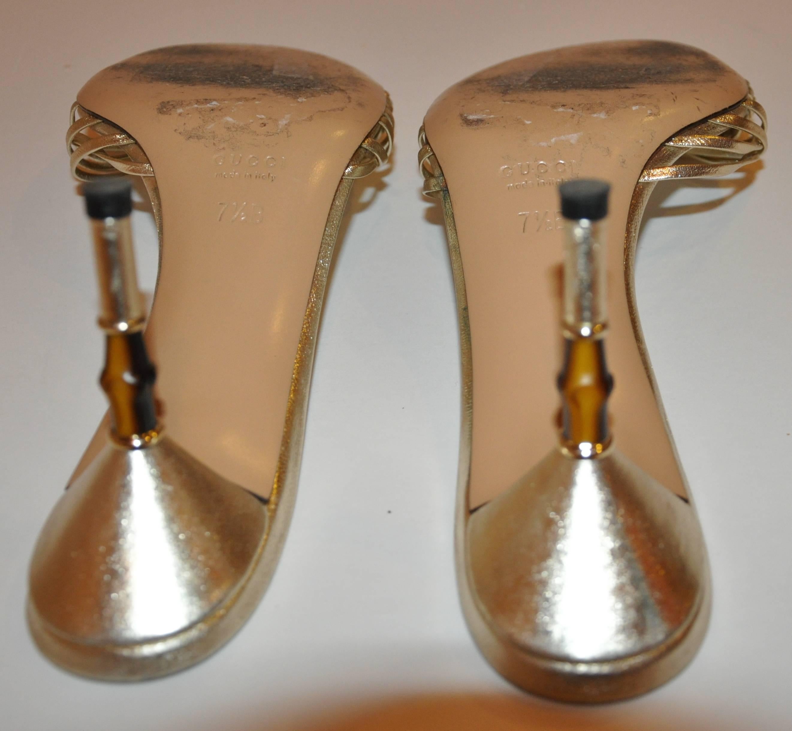 Gucci Metallic gold lambskin with Bamboo Heel Sandals In Good Condition In New York, NY