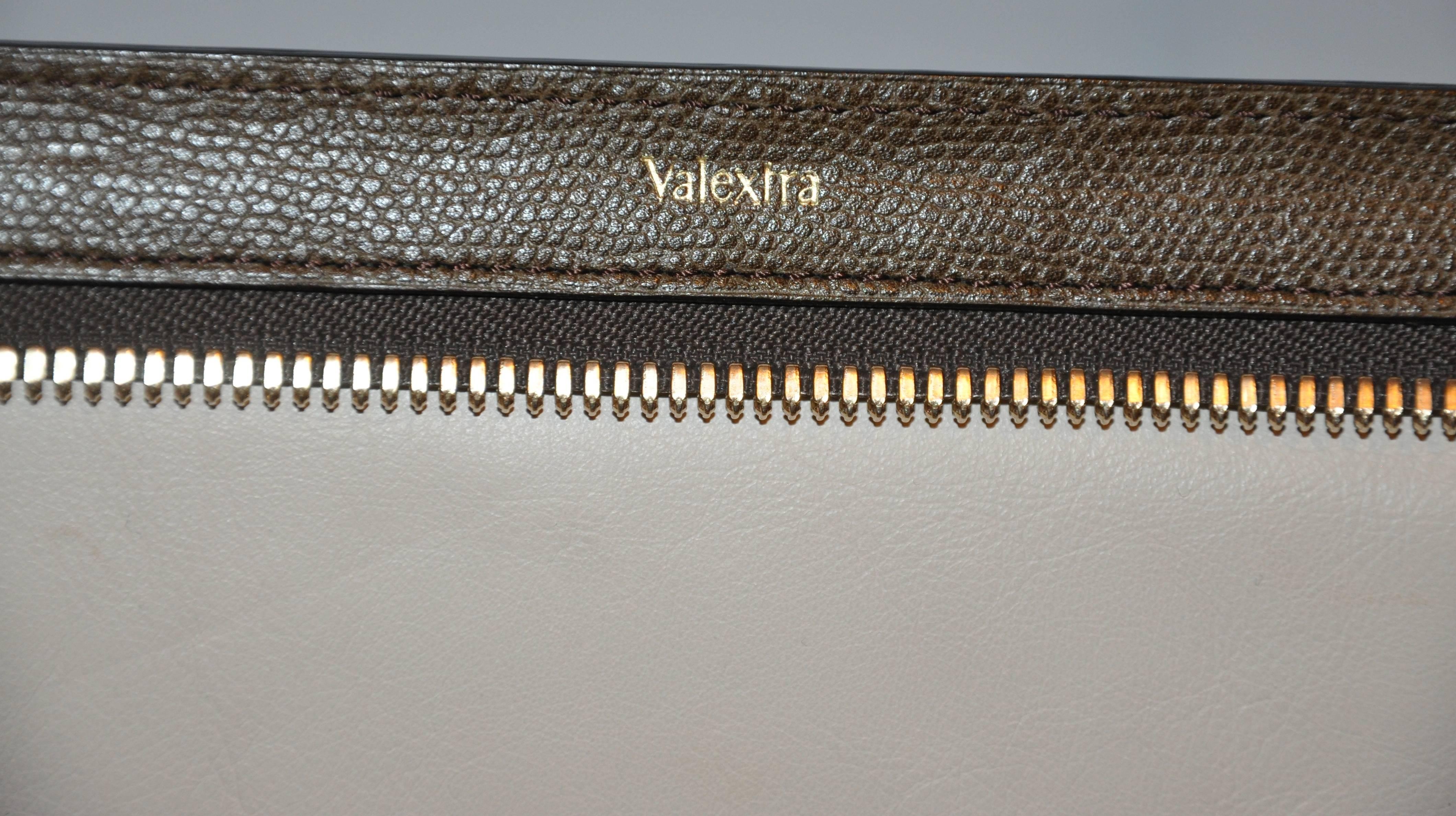 Valextra Large Textured Brown Calfskin Zippered Handbag 1