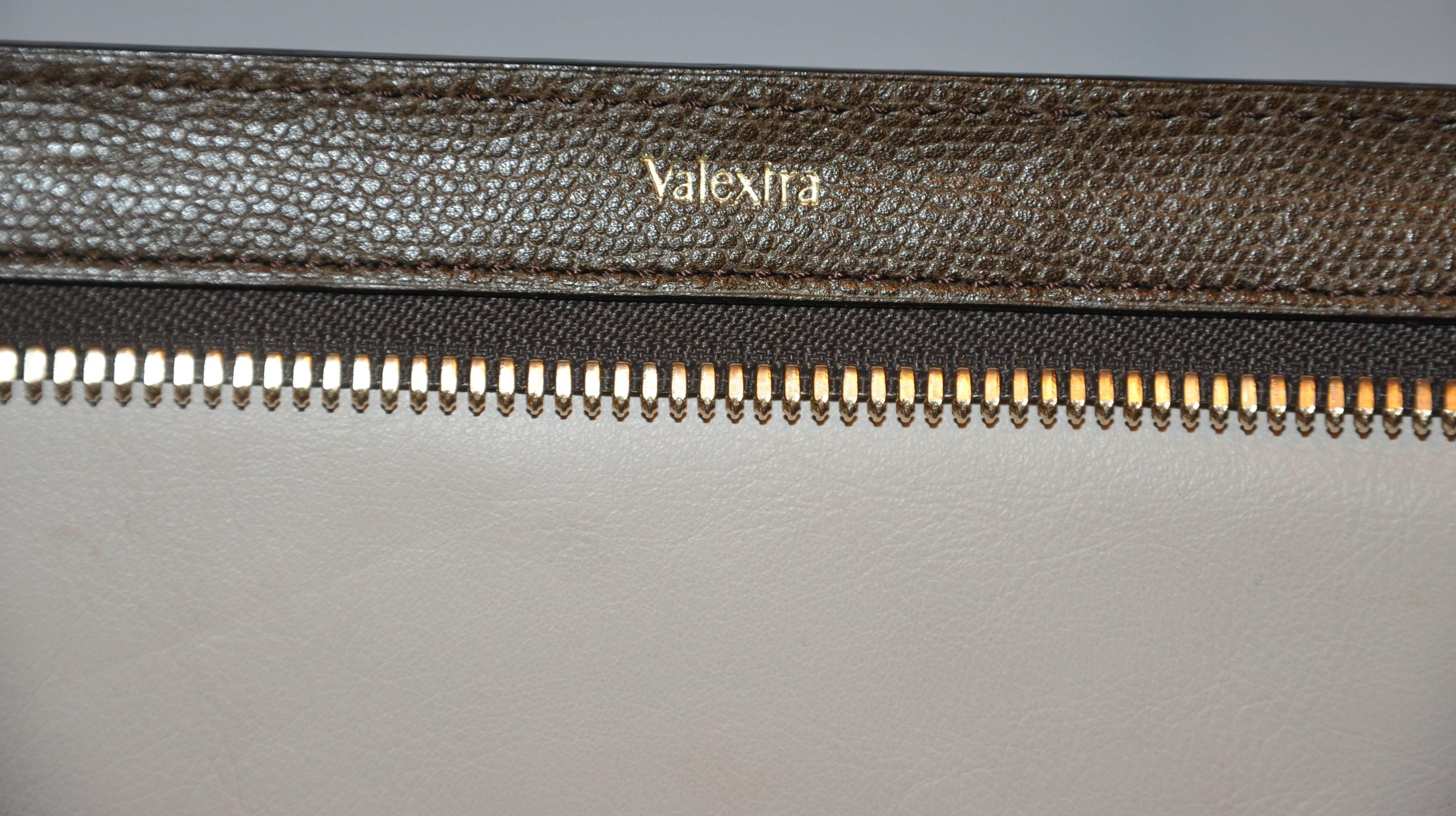 Valextra Large Textured Brown Calfskin Zippered Handbag  1