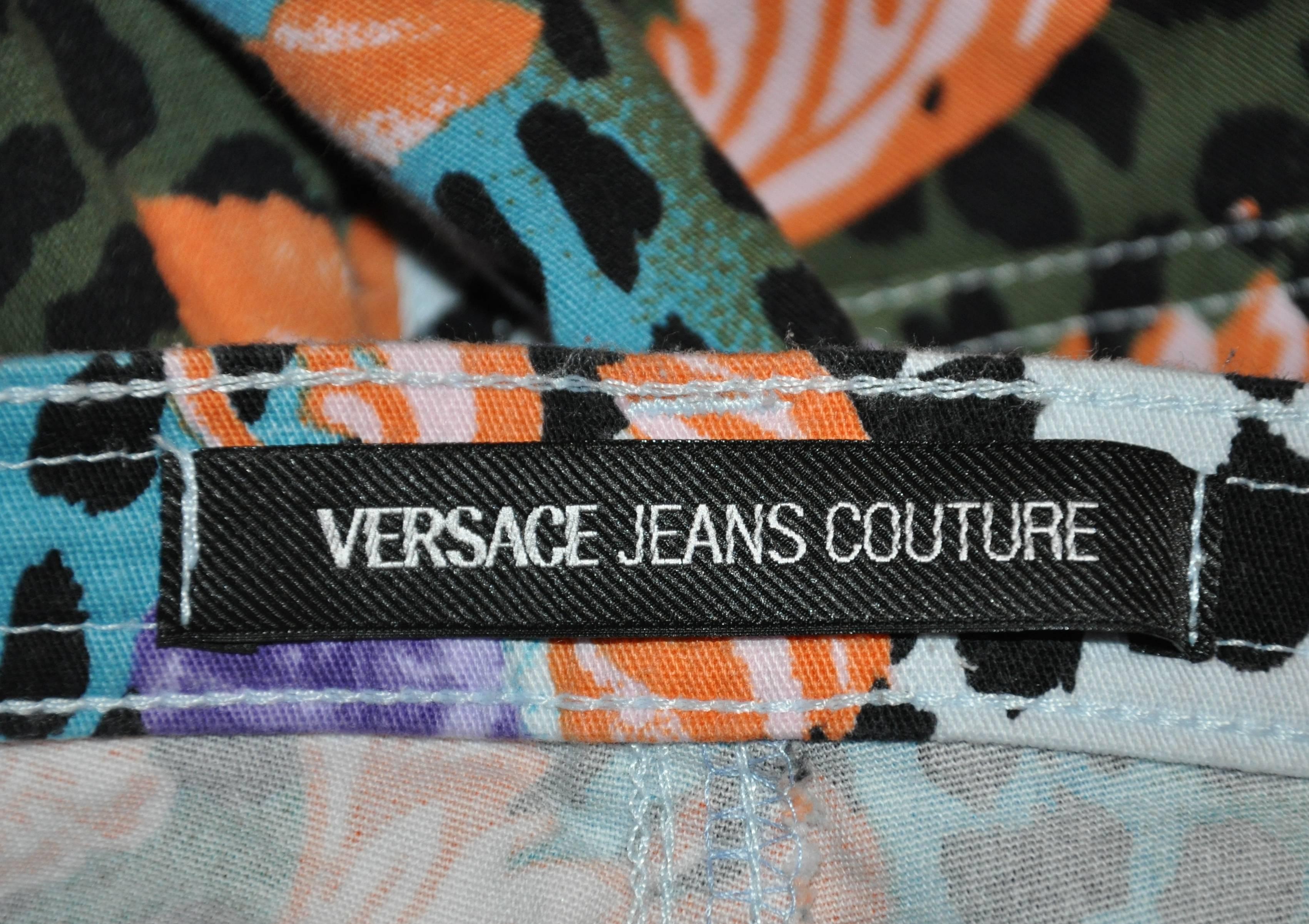 Black Gianni Versace Bold Multi-Color Leopard with Floral Print Stretch Jeans For Sale