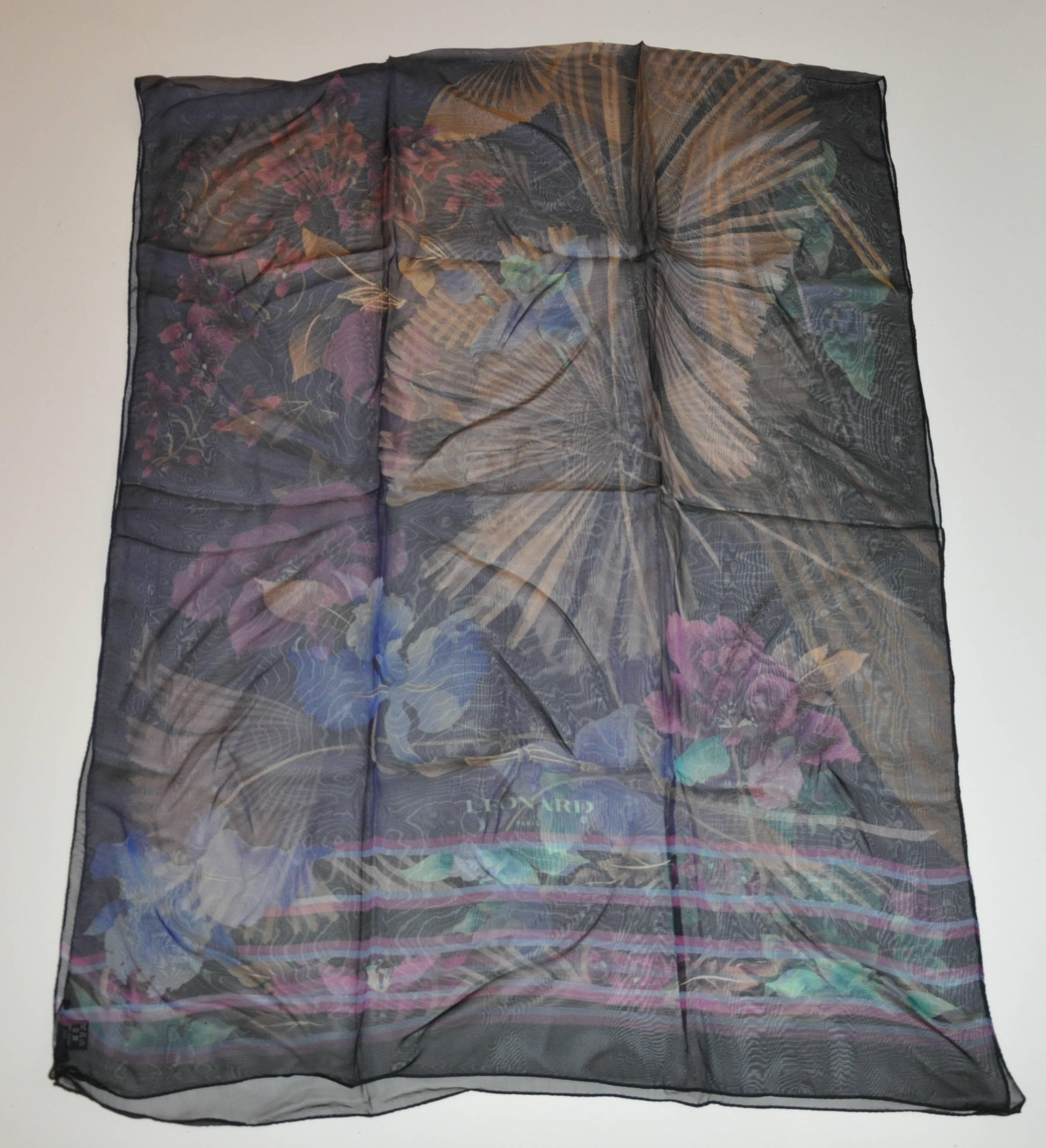         Leonard of Paris wonderfully elegant silk chiffon huge rectangle scarf with multi-floral print is finished with hand-rolled edges and measures 26