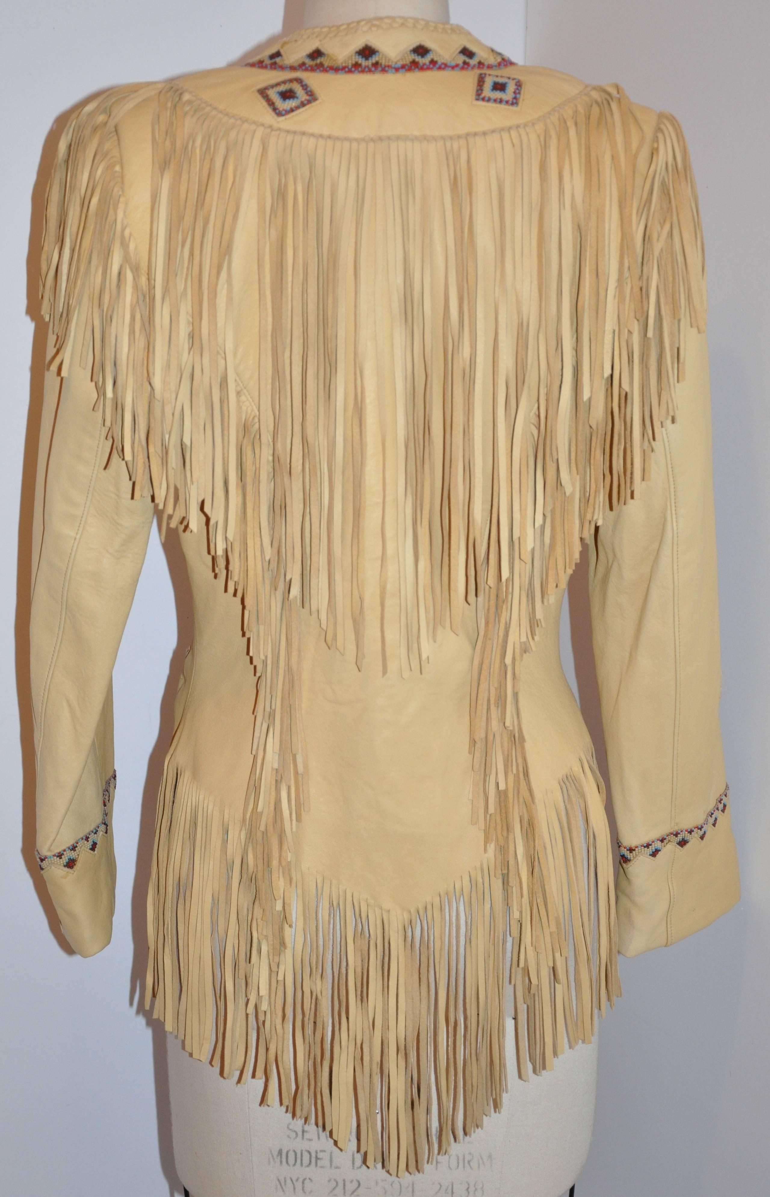 Beige West of Santa Fe - Giacca con frange in pelle di agnello scamosciata realizzata a mano