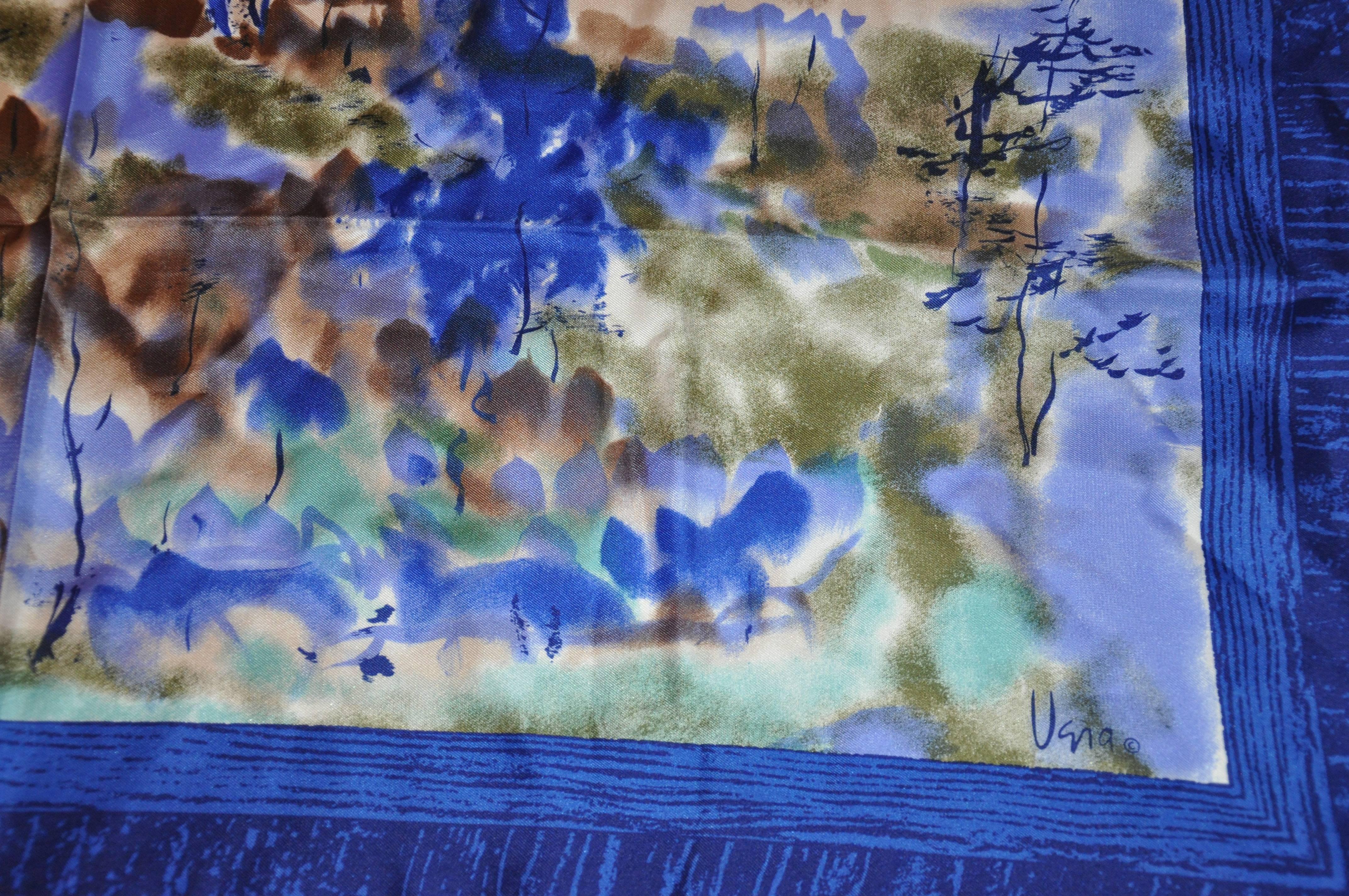 Gris Vera - Écharpe en soie multicolore avec bordure bleue et marine « Scènes de campagne » en vente