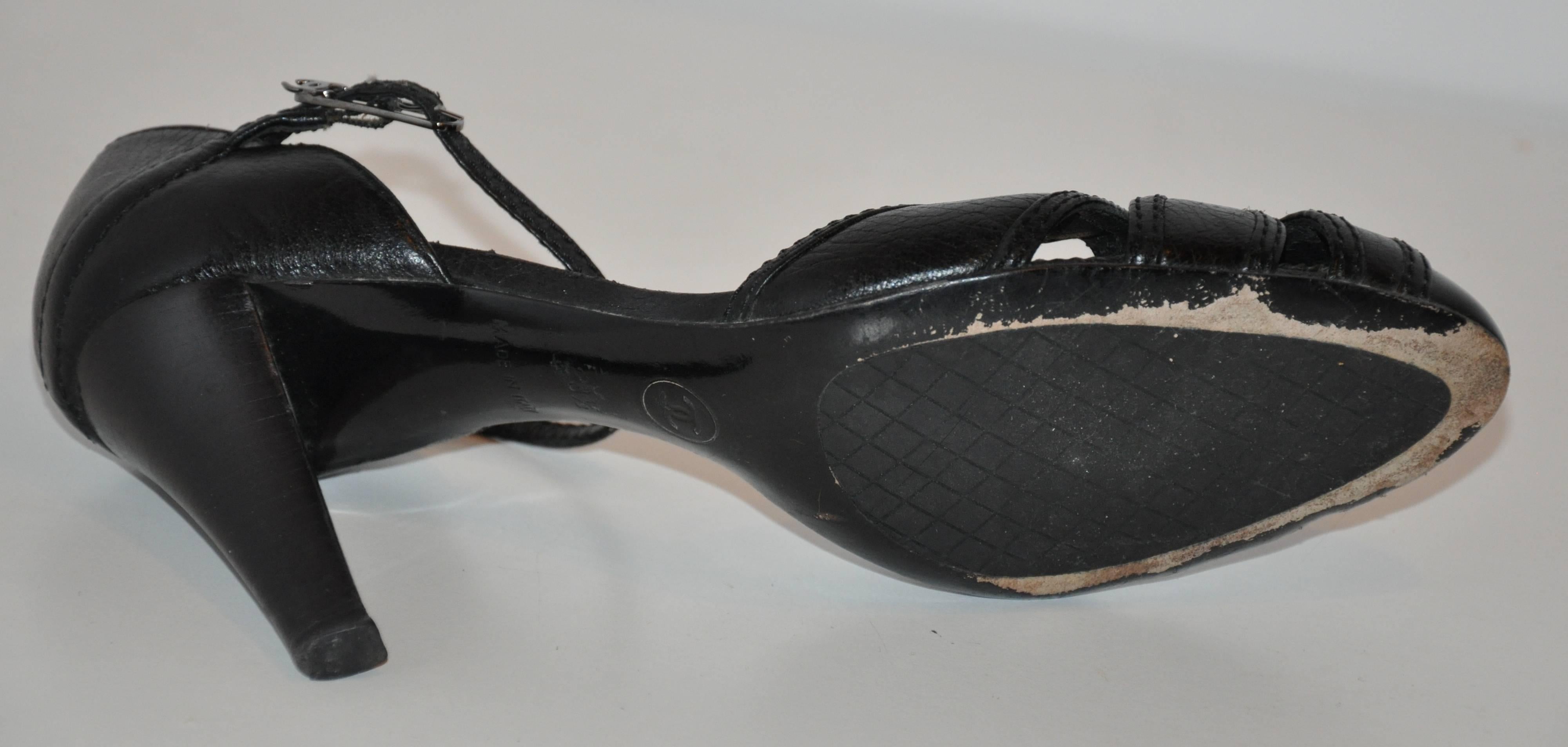 Chanel Black Textured Calfskin Ankle-Strap Heels 1