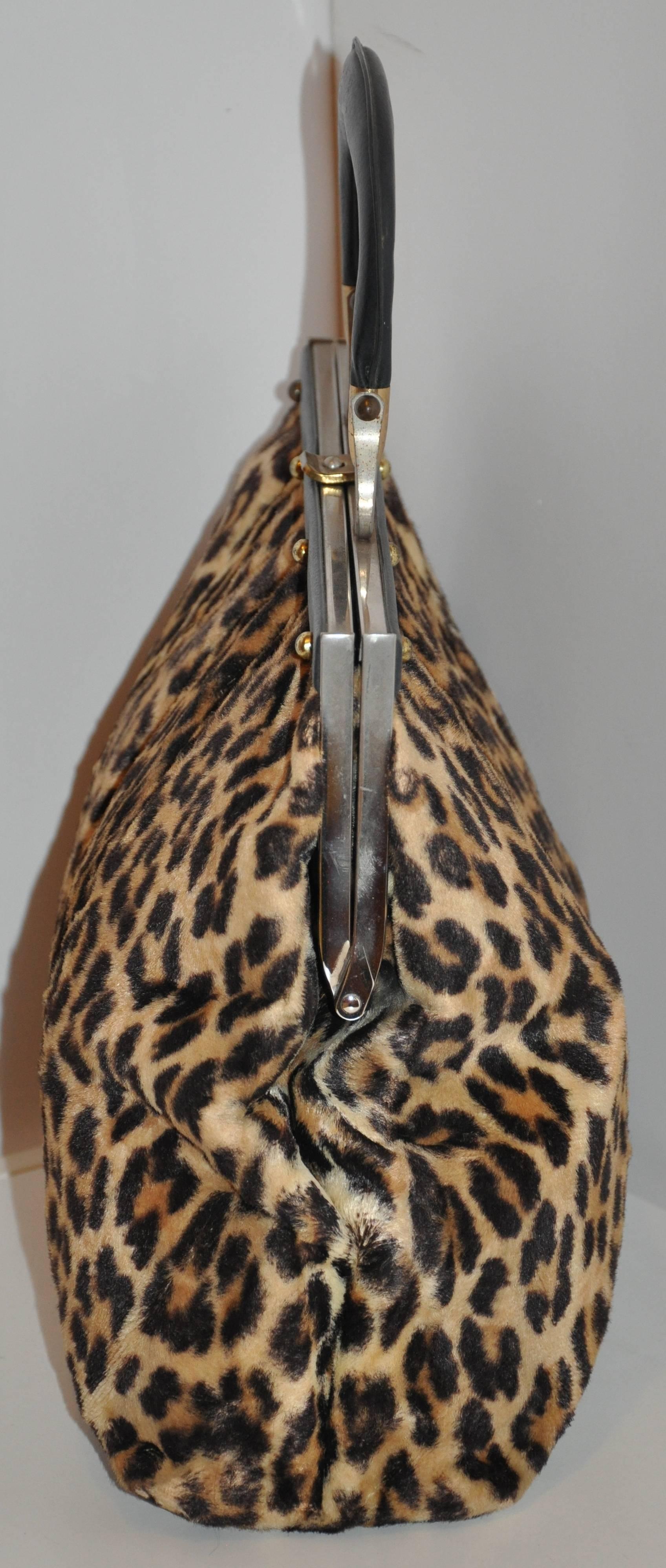Ronay Huge Gold Hardware Frame with Faux Leopard Fur Tote 2