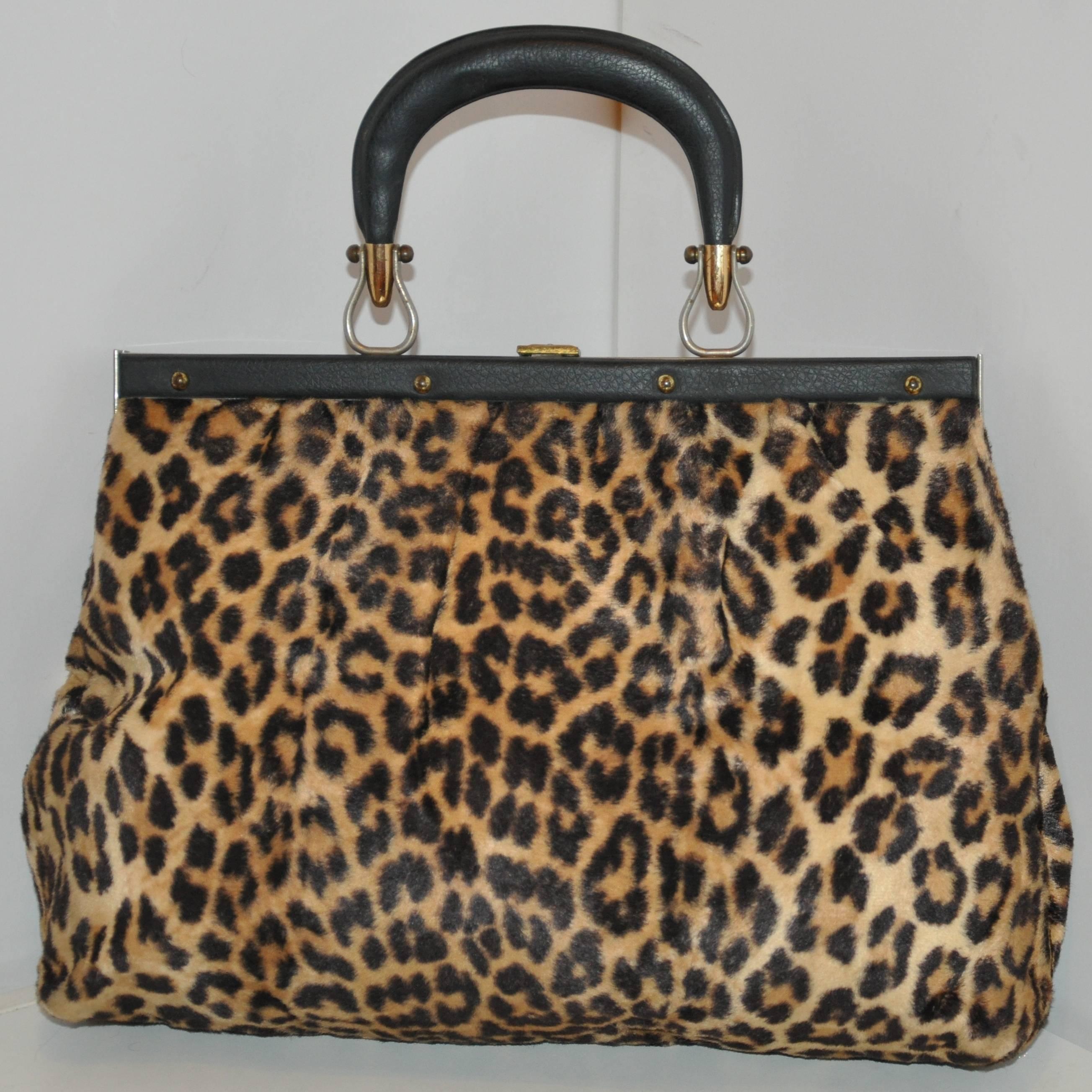 Women's or Men's Ronay Huge Gold Hardware Frame with Faux Leopard Fur Tote