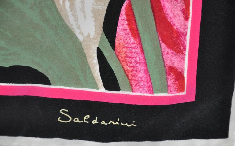         Saldarini (Paris) wonderful bold multi-color abstract floral print silk scarf is finished with hand-rolled edges and measures 33 1/2" x 34". Made in France.