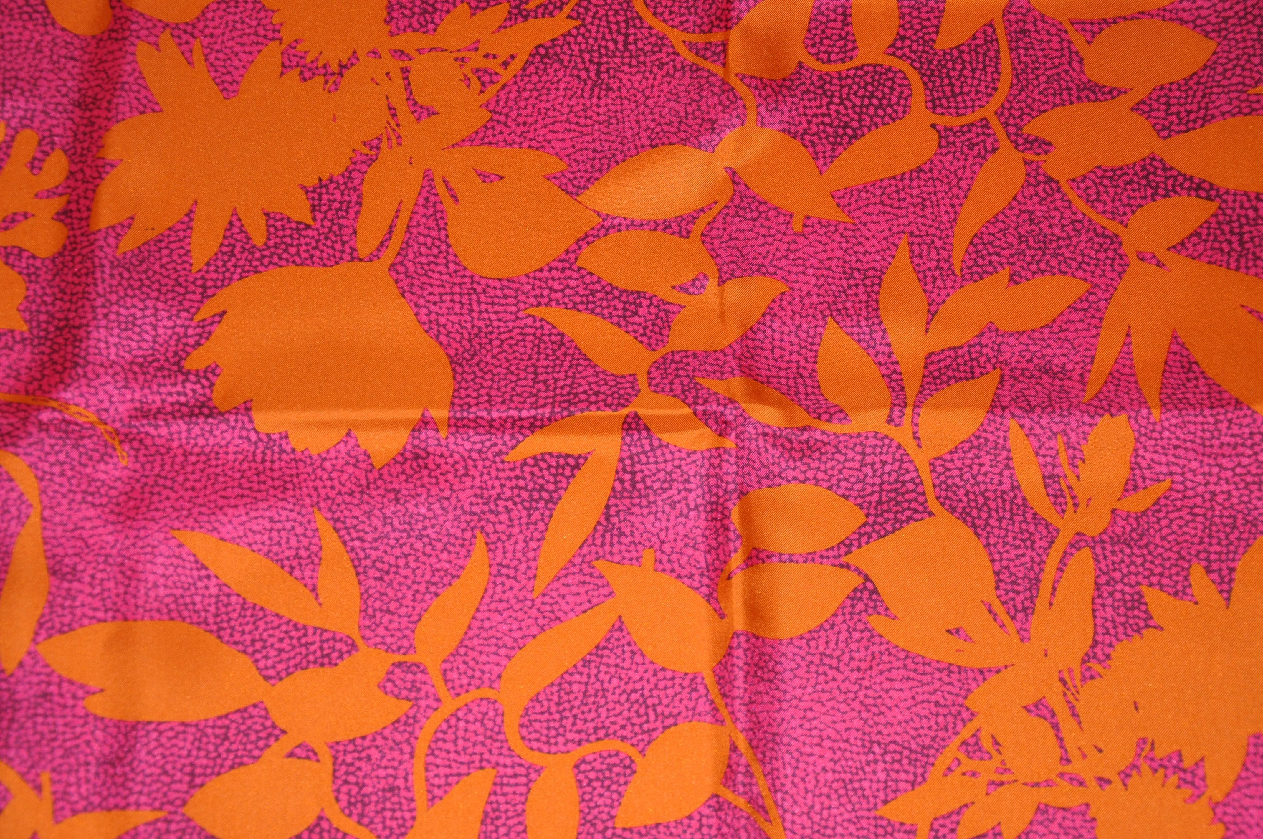 Red Borbonese Bold Fuchsia & Tangerine Floral Print Silk Scarf For Sale