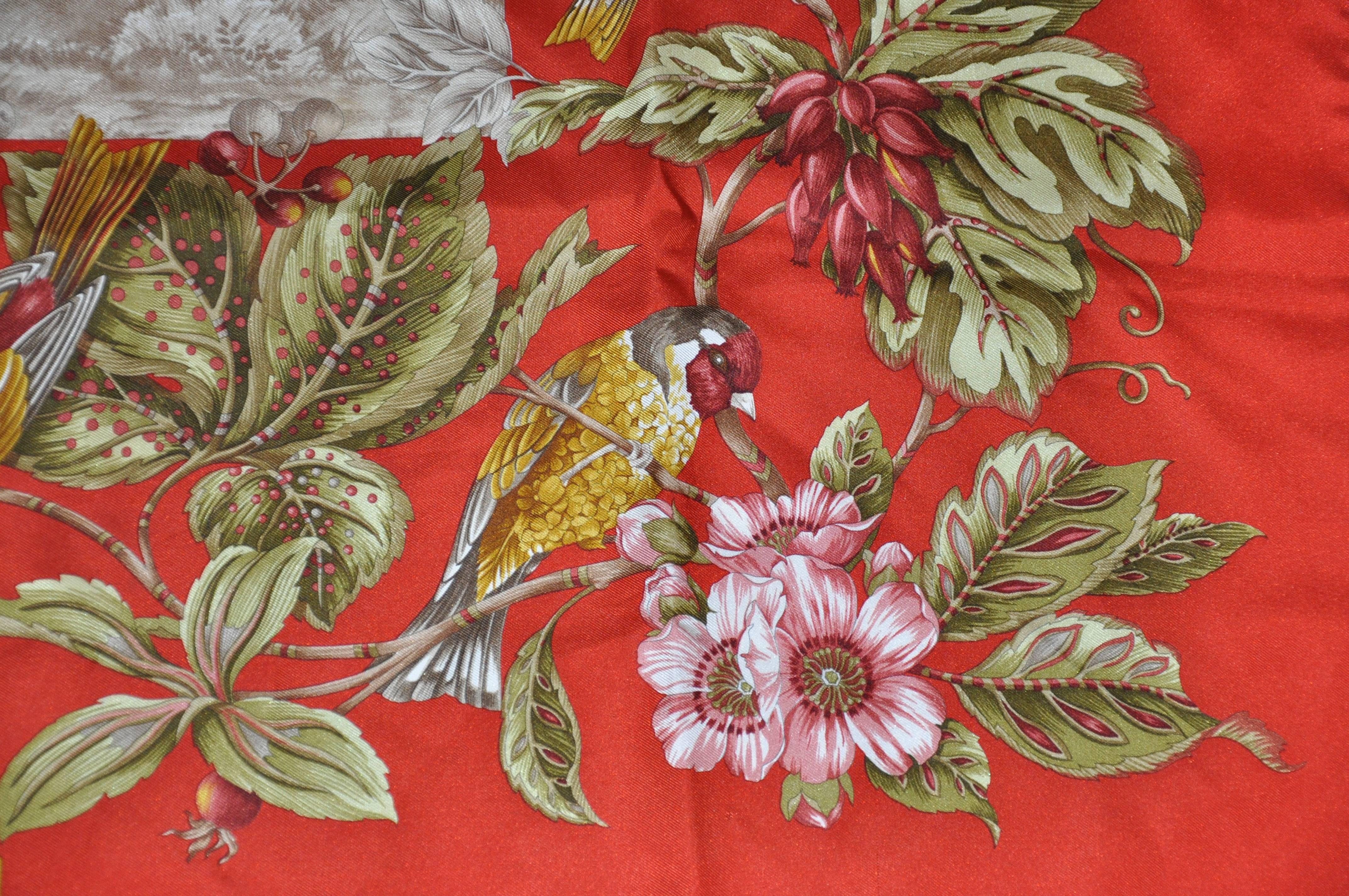         Salvatore Ferragamo wonderful signature multi-color multi-floral silk scarf is accented with birds scattered throughout. The silk scarf is finished with hand-rolled edges and measures 33 1/2