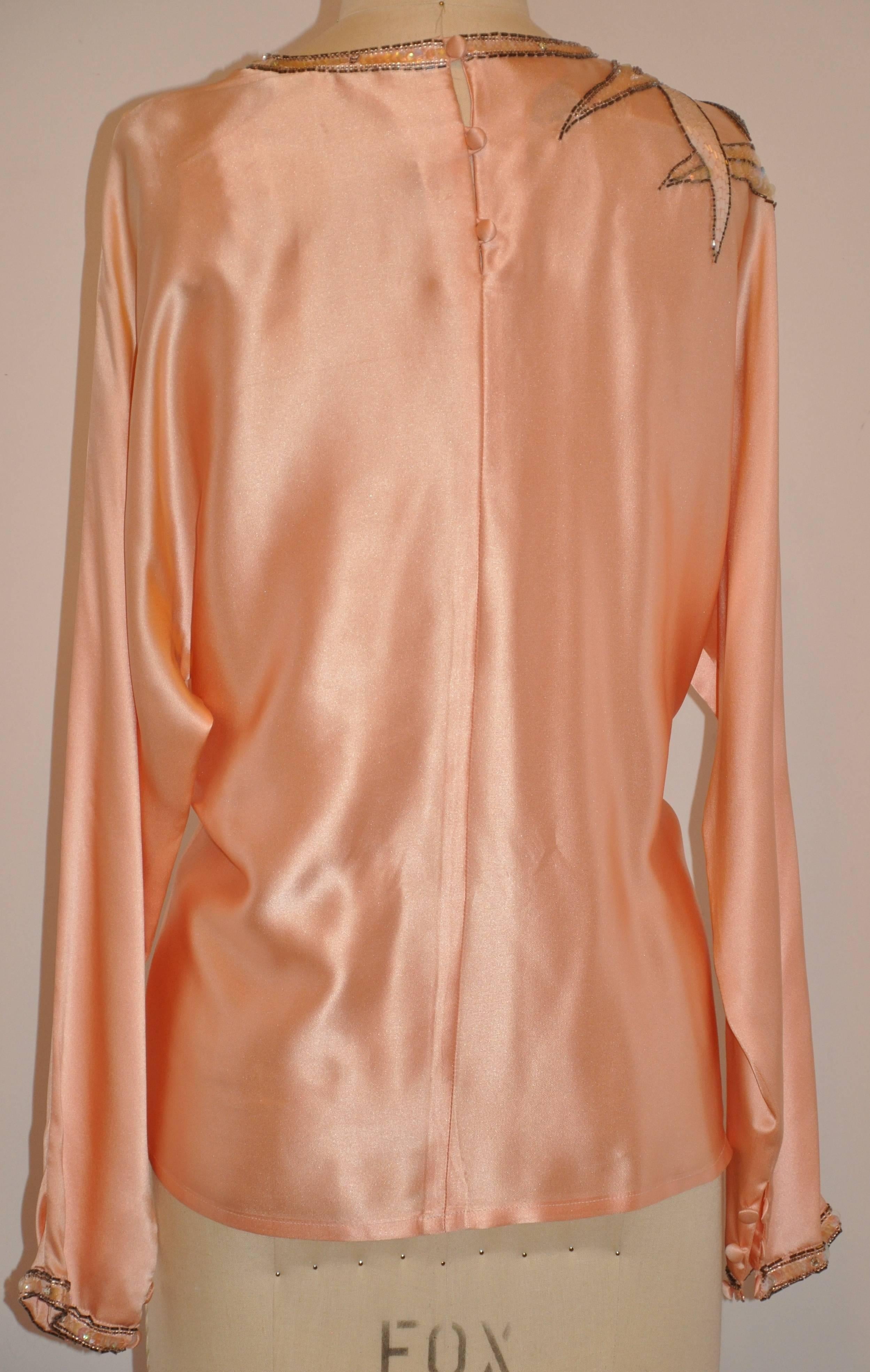 Beige Damon for Saks Fifth Avenue Powder Pink Silk Crepe de Chine Sequin Blouse For Sale