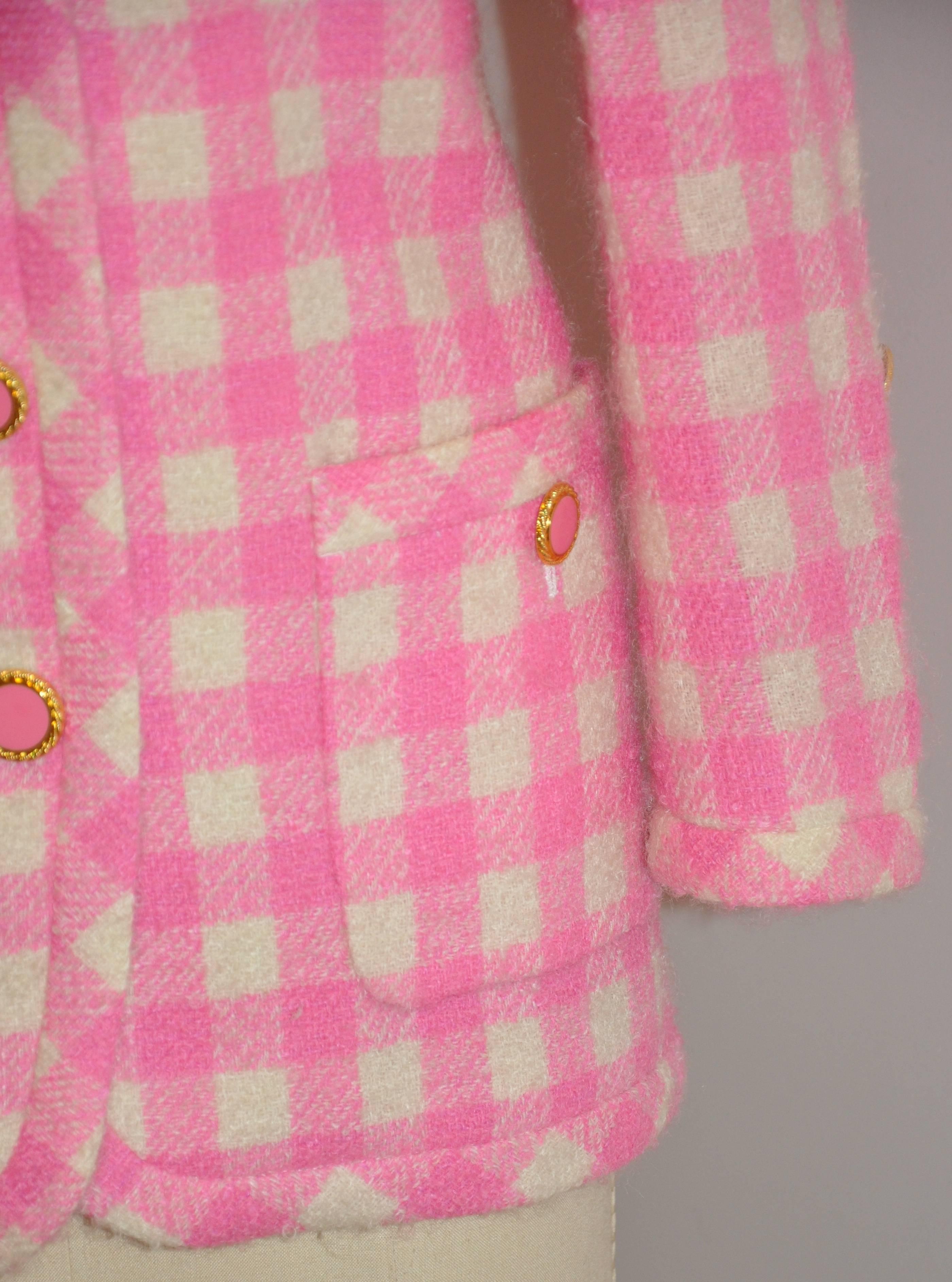 Escada Bold Pink & Cream Checkered Button Jacket In Good Condition In New York, NY