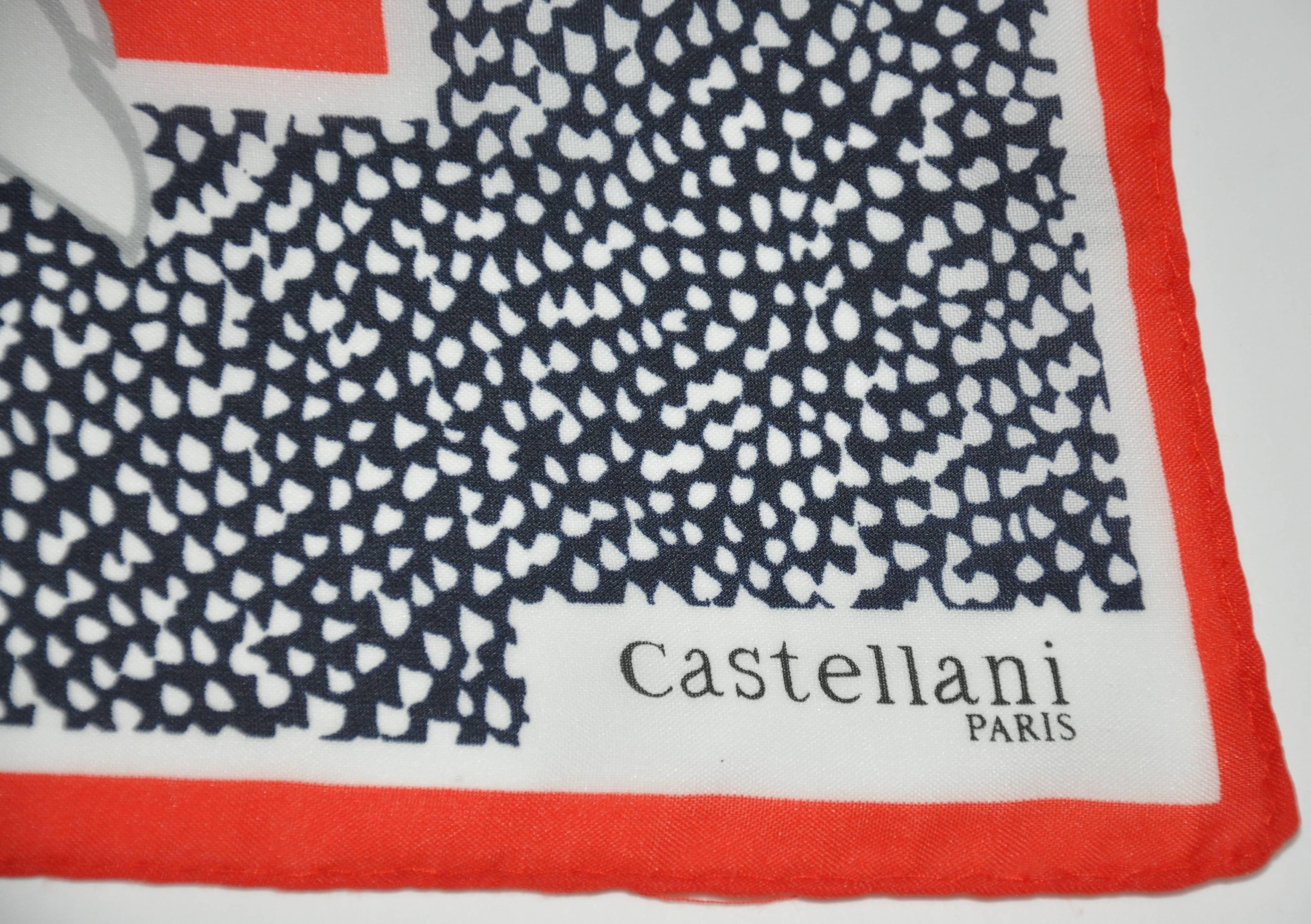        Castellani of Paris bold multi-colors of red, white and blue floral print scarf measures 30