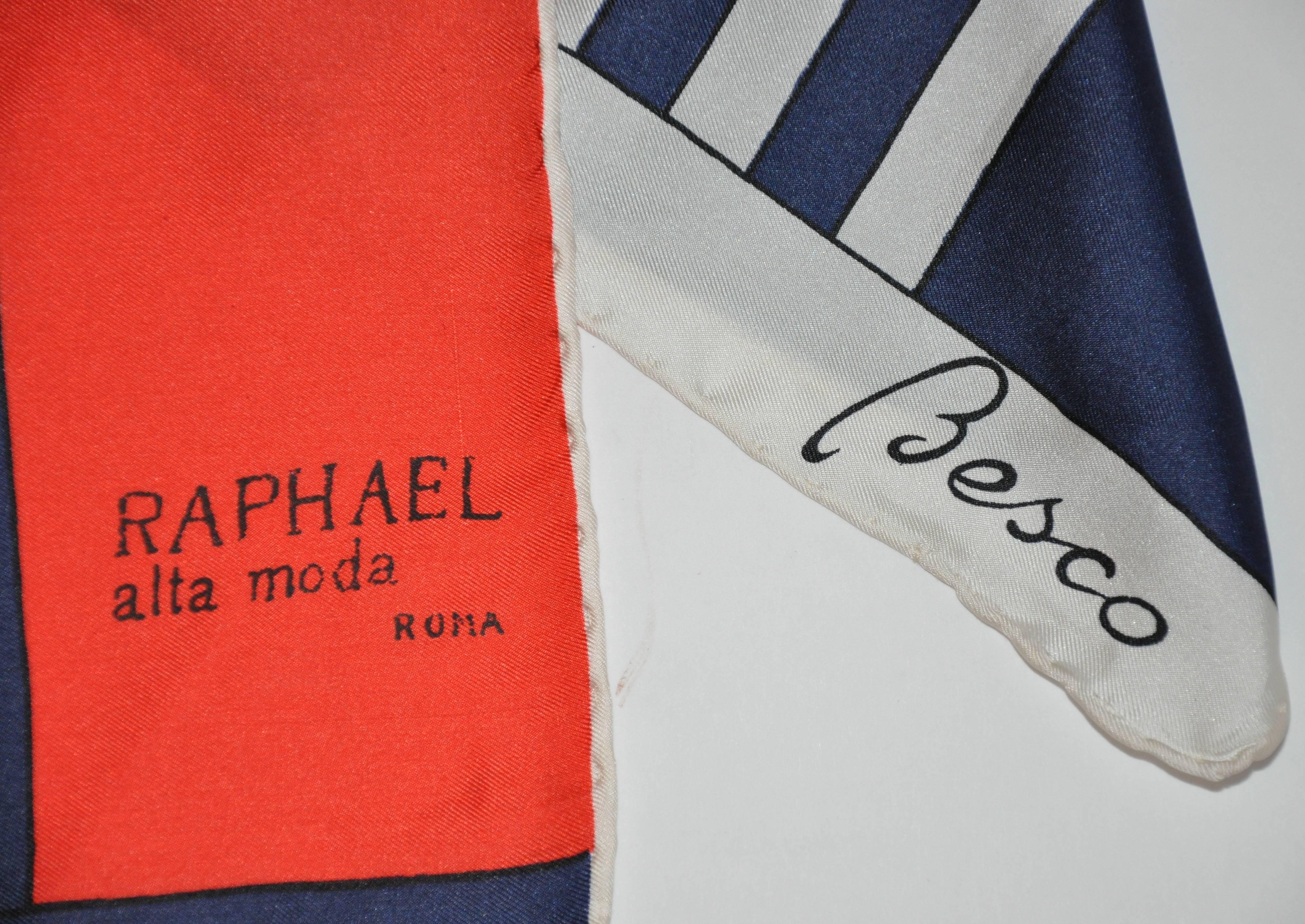         This wonderfully bold graphic red white and blue silk scarf by Besco for Raphael alta moda measures 12 1/2